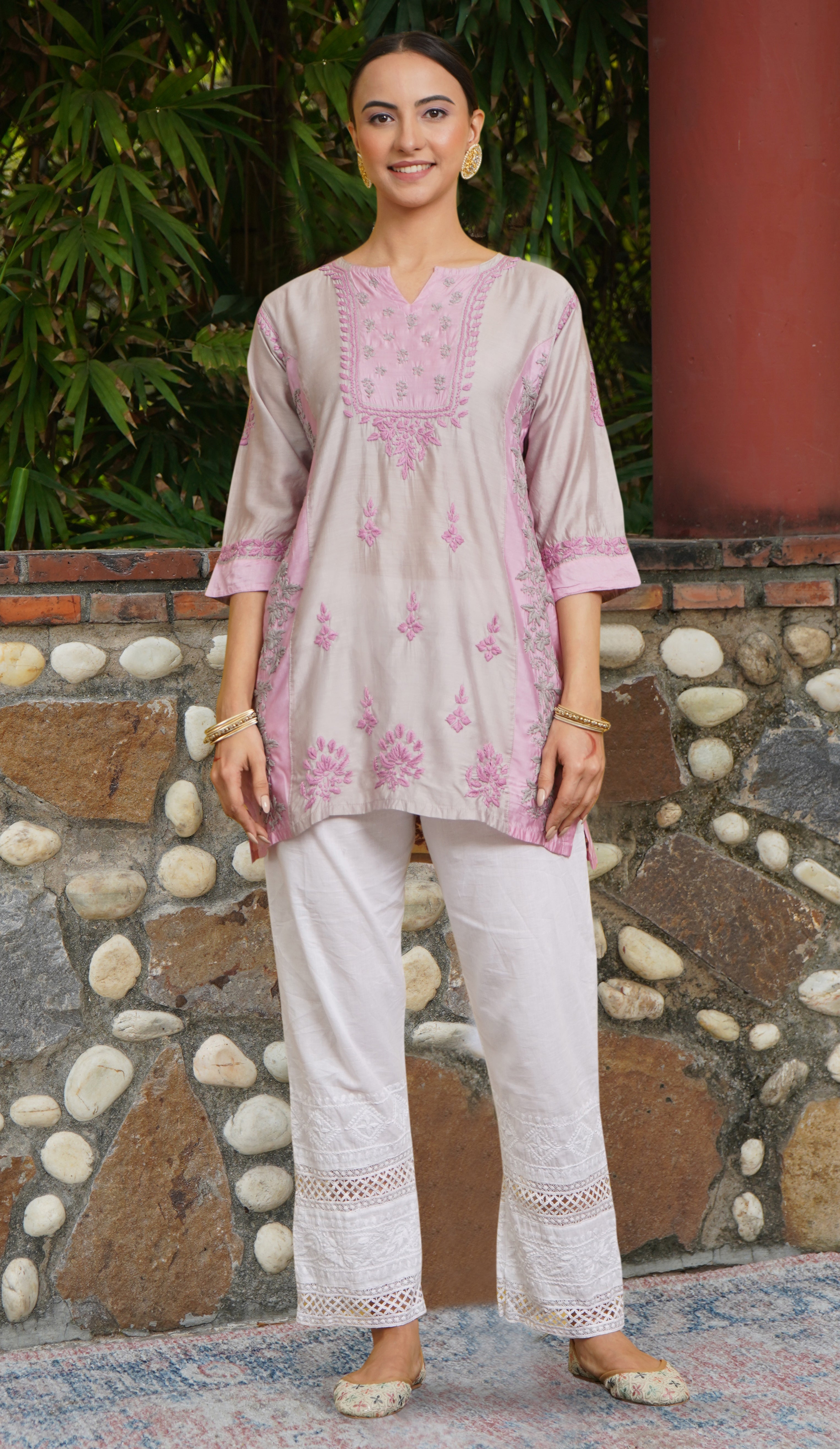 Saba Chikankari Short kurta in Chanderi Silk - Grey Pink