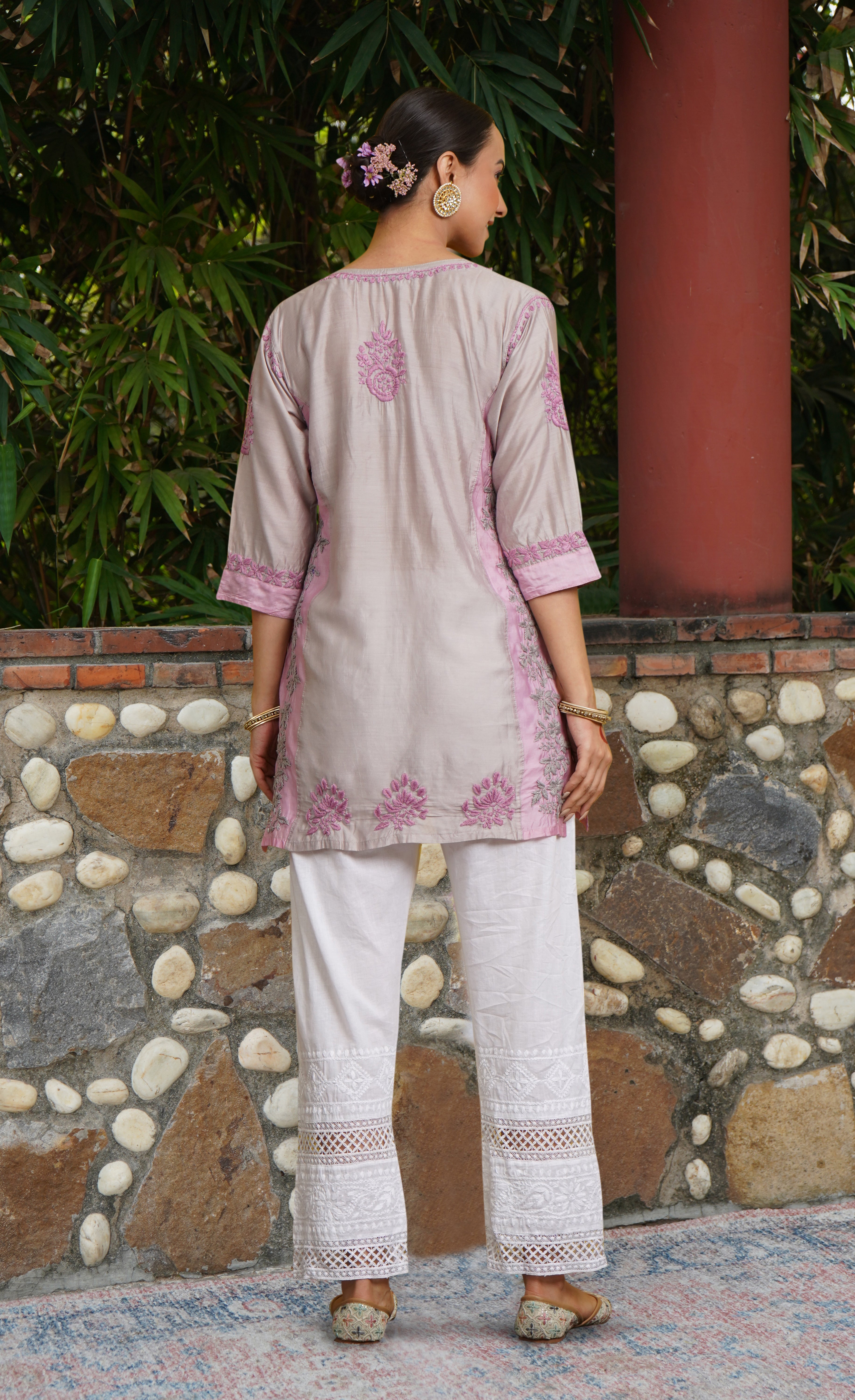 Saba Chikankari Short kurta in Chanderi Silk - Grey Pink