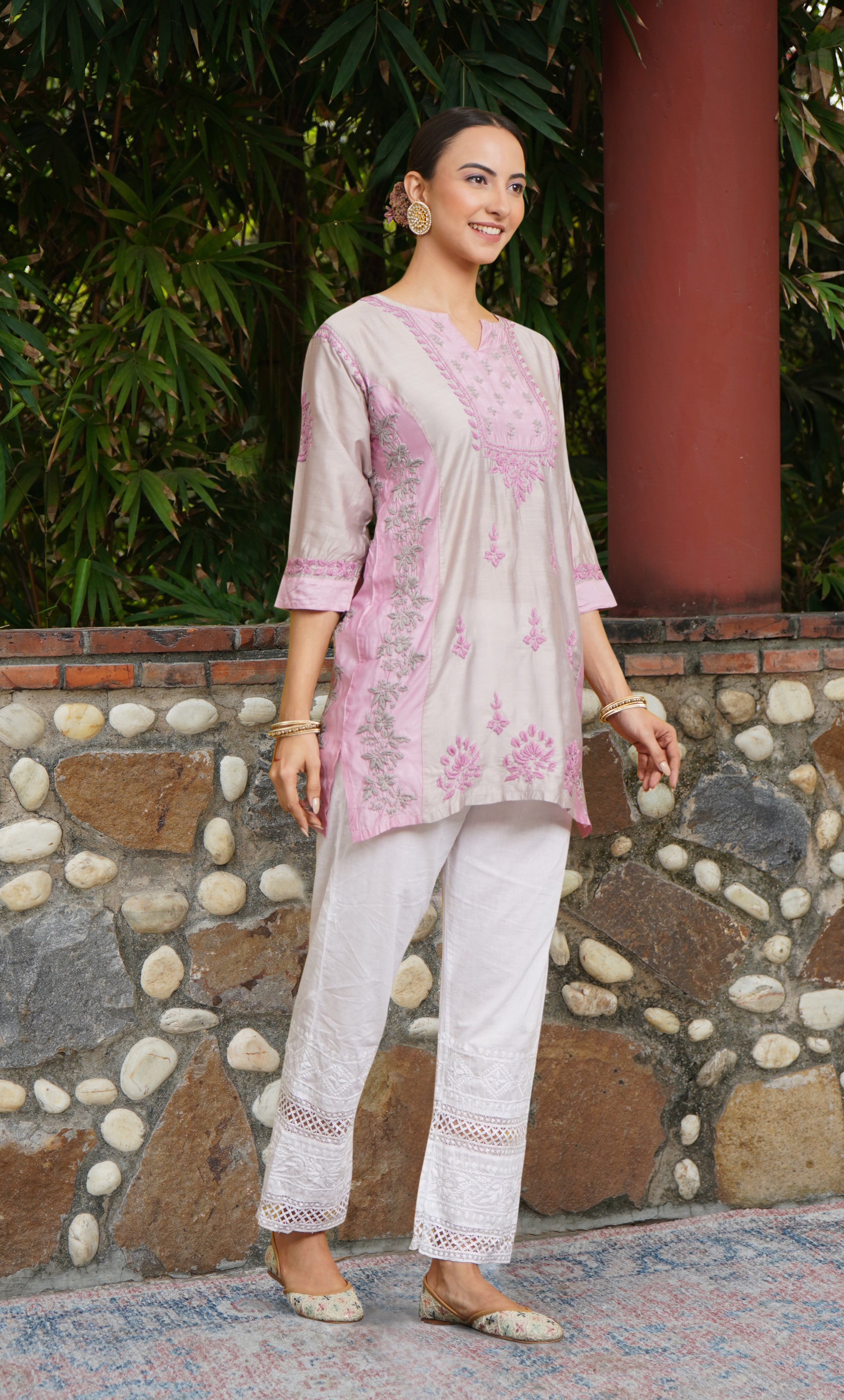 Saba Chikankari Short kurta in Chanderi Silk - Grey Pink