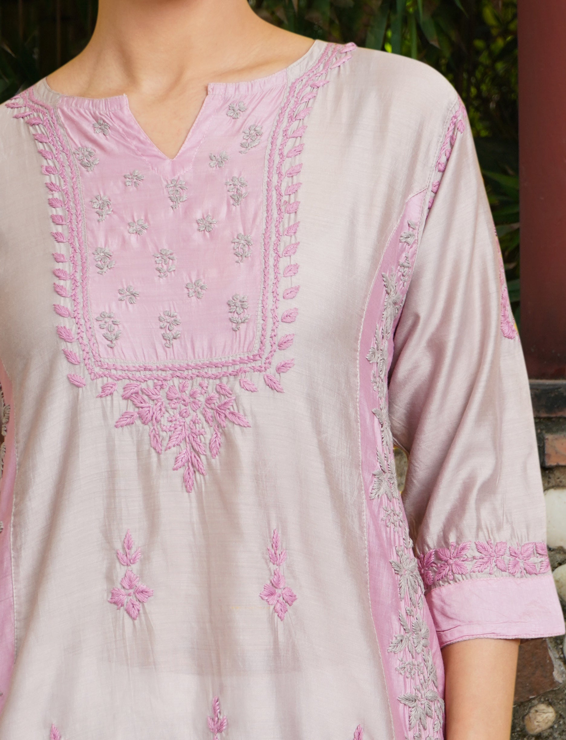 Saba Chikankari Short kurta in Chanderi Silk - Grey Pink