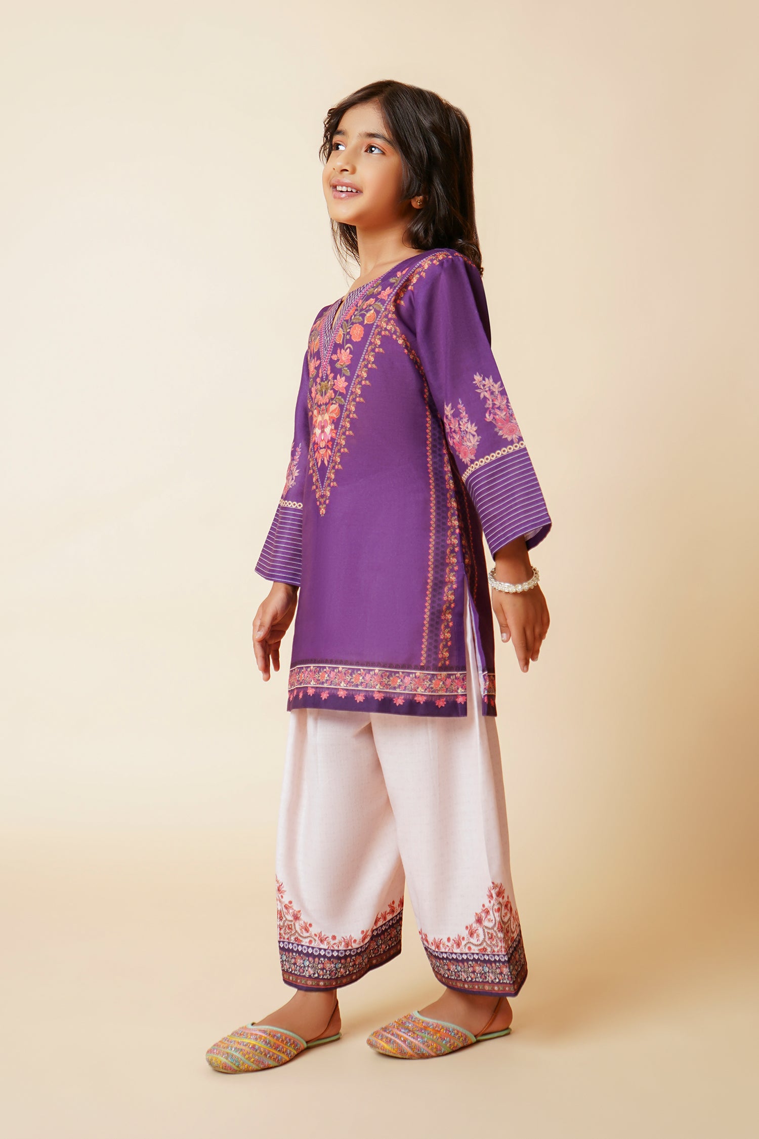 Printed Lawn Cotton Co-ord Set for Kids – Purple & Cream