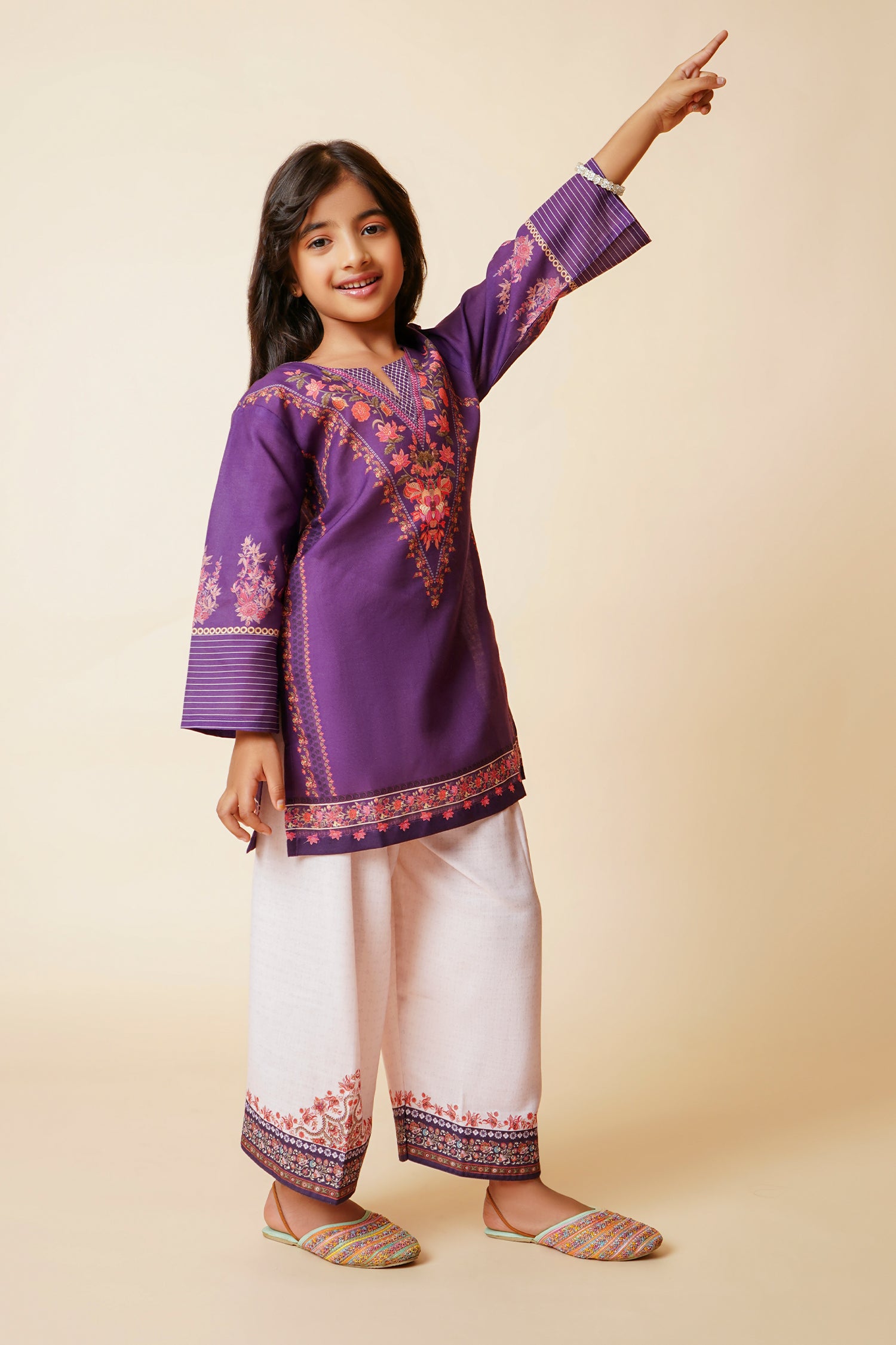 Printed Lawn Cotton Co-ord Set for Kids – Purple & Cream
