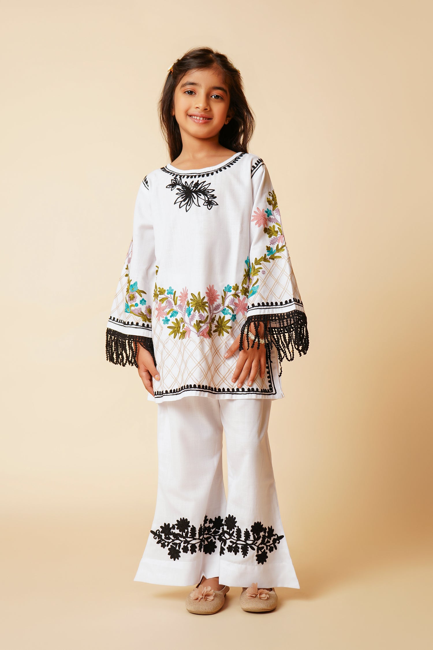 Kashmiri Aari Cotton Kurta Set for Kids – White