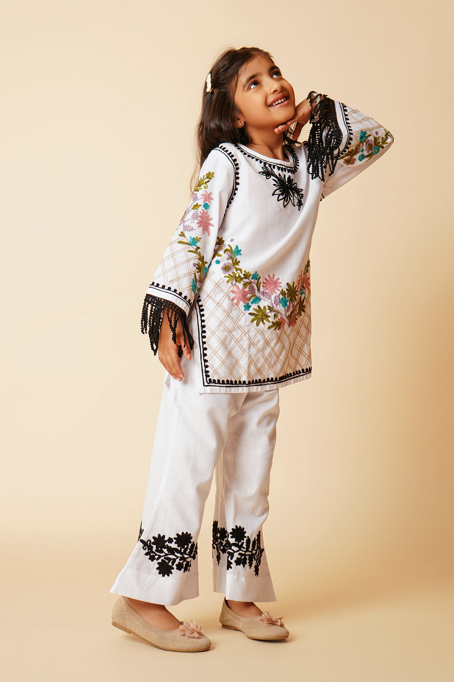 Kashmiri Aari Cotton Kurta Set for Kids – White