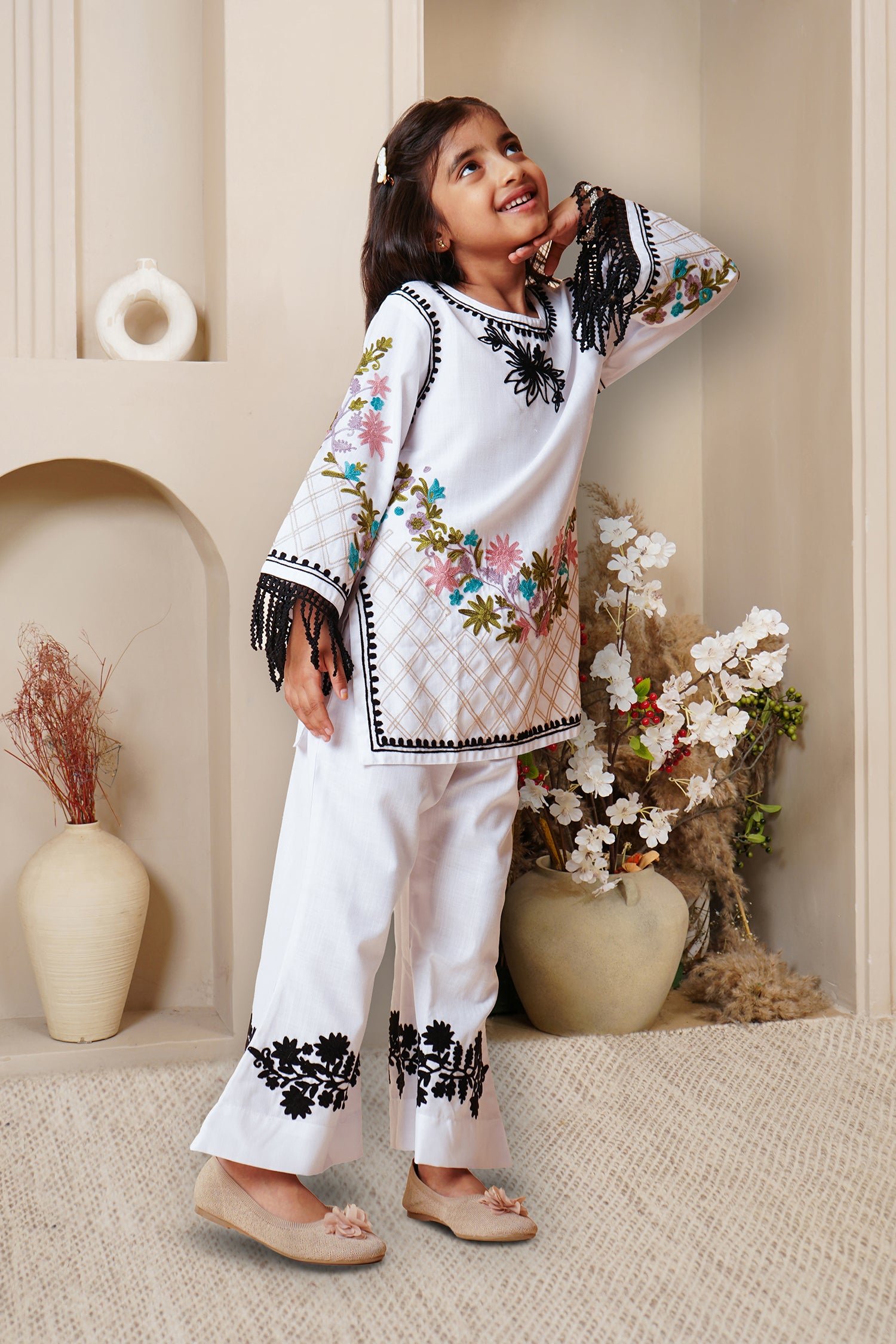 Kashmiri Aari Cotton Kurta Set for Kids – White