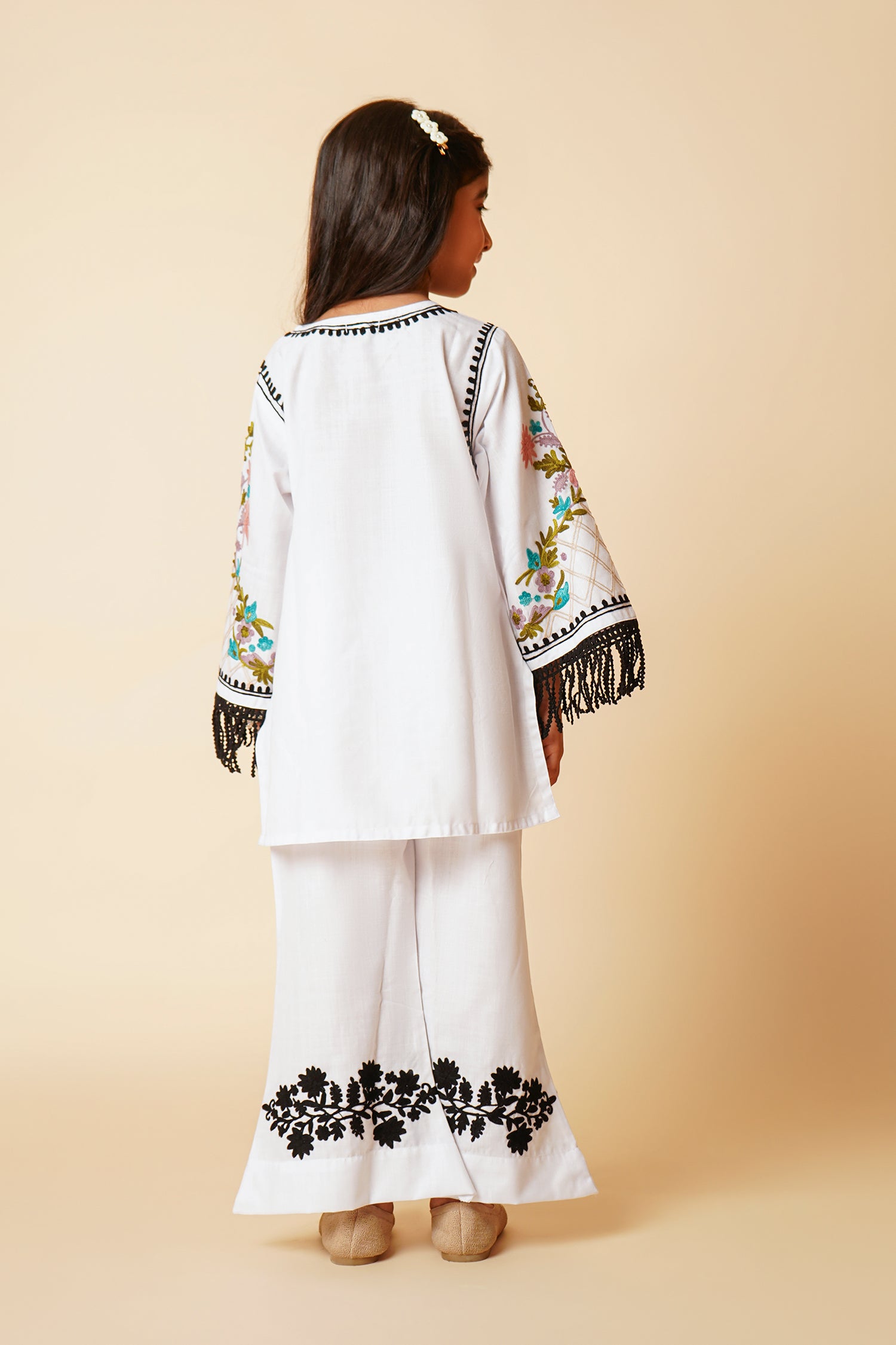 Kashmiri Aari Cotton Kurta Set for Kids – White