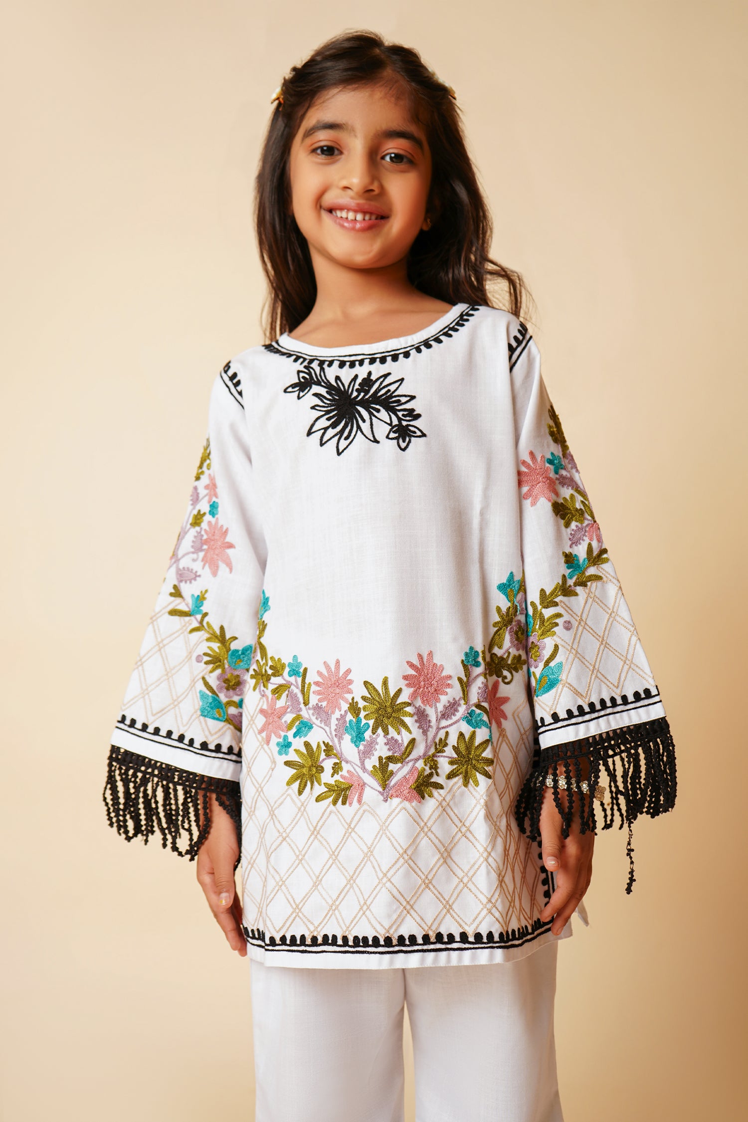 Kashmiri Aari Cotton Kurta Set for Kids – White