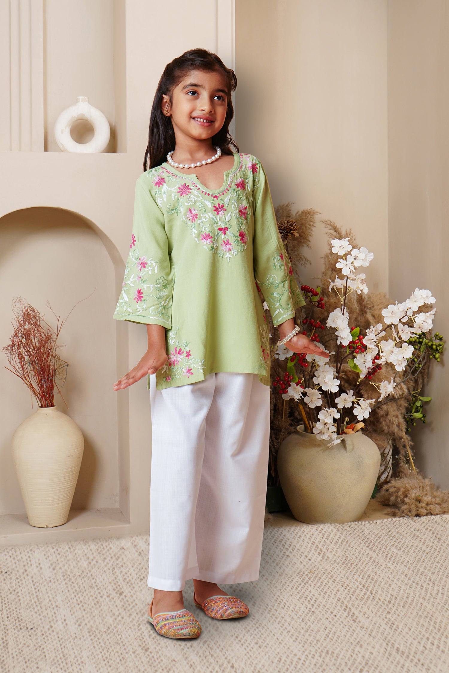 Chikankari Rayon Cotton Kids Kurta- Pista Green