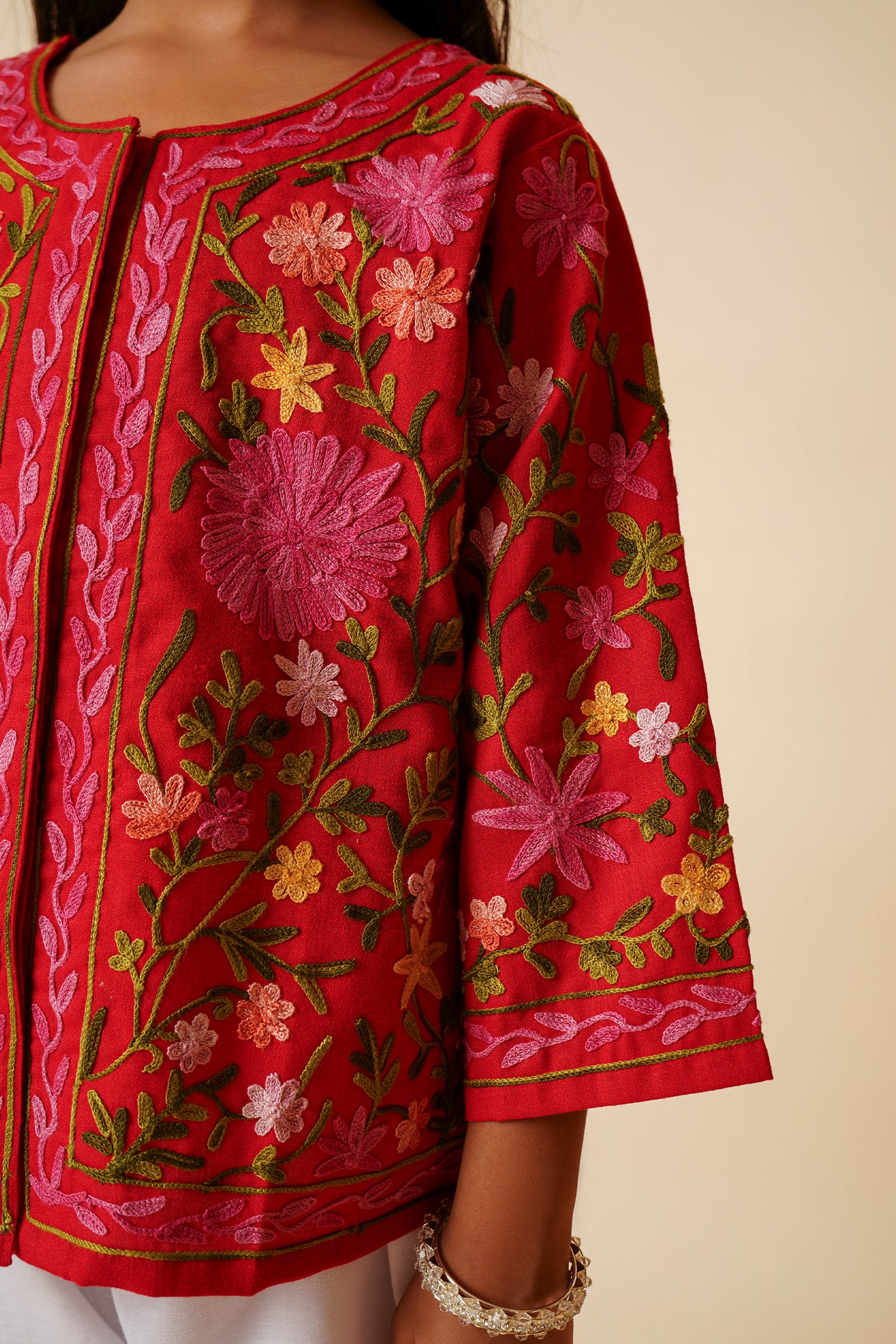 Kashmiri Aari Cotton Jacket for Kids – Red