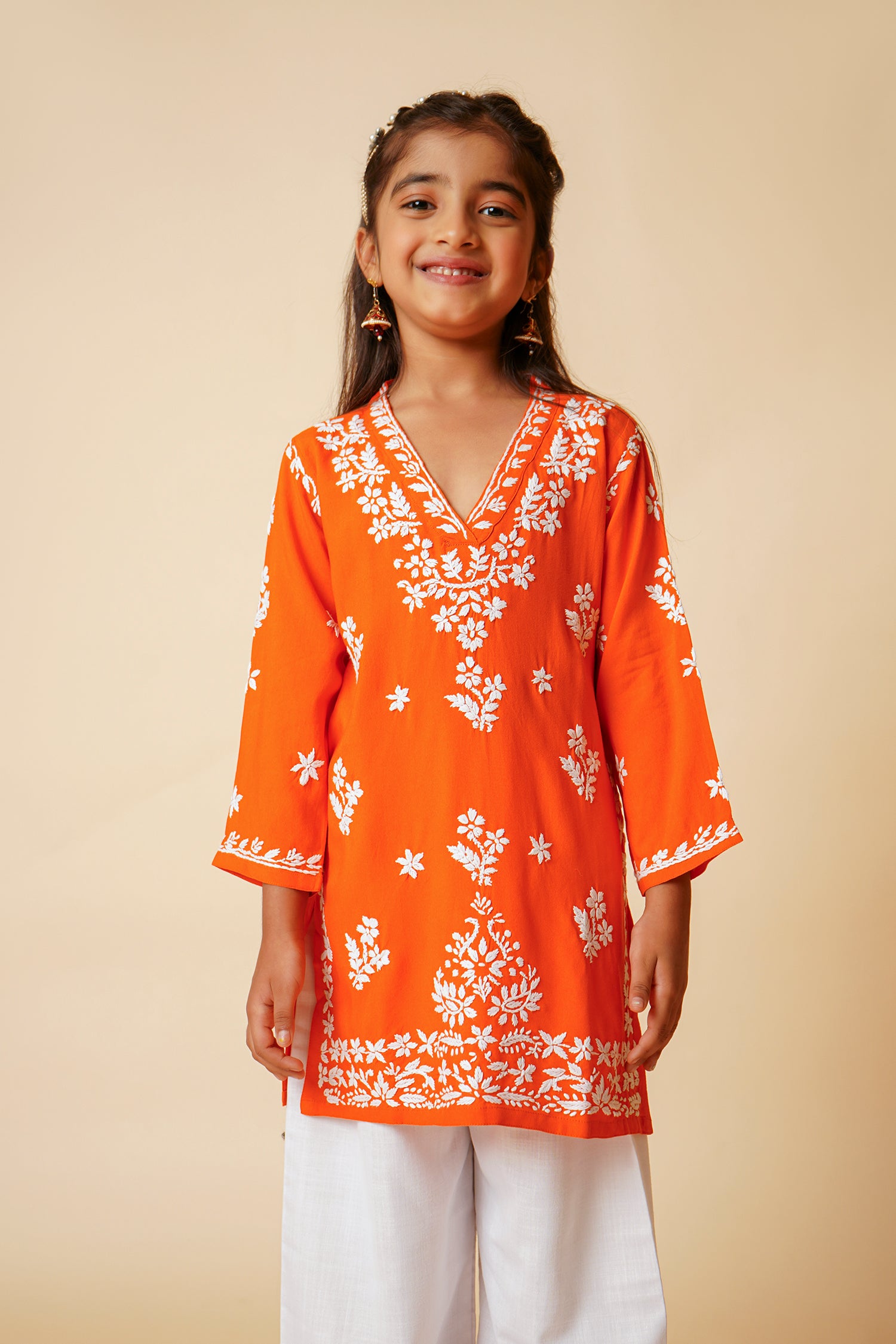 Chikankari Rayon Cotton Kurta for Kids – Orange