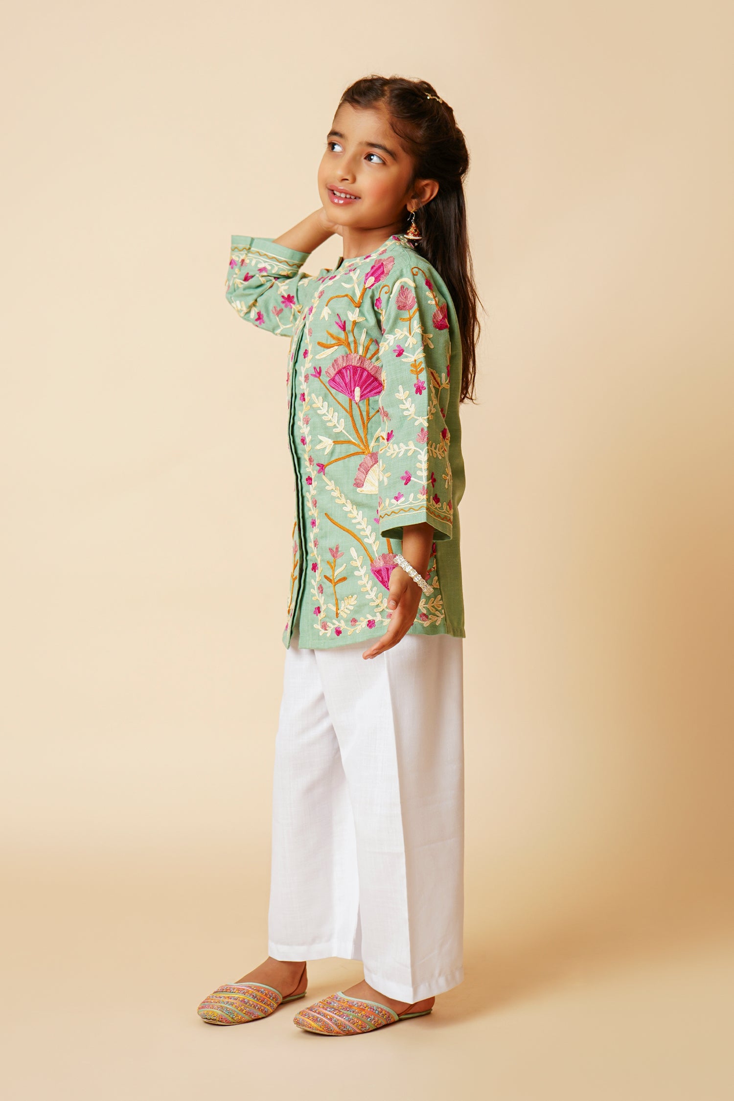 Kashmiri Aari Cotton Jacket for Kids - Pista Green