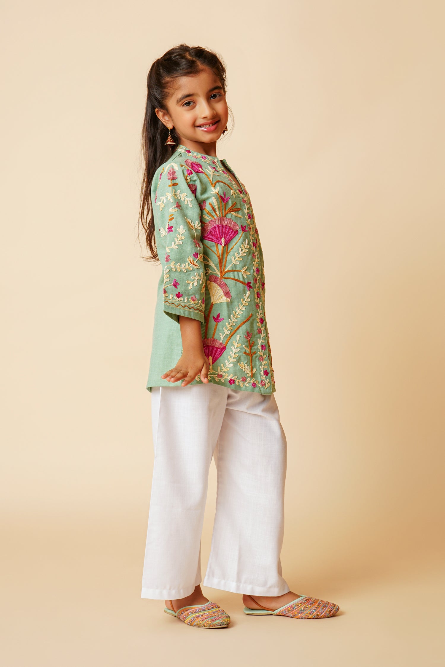 Kashmiri Aari Cotton Jacket for Kids - Pista Green
