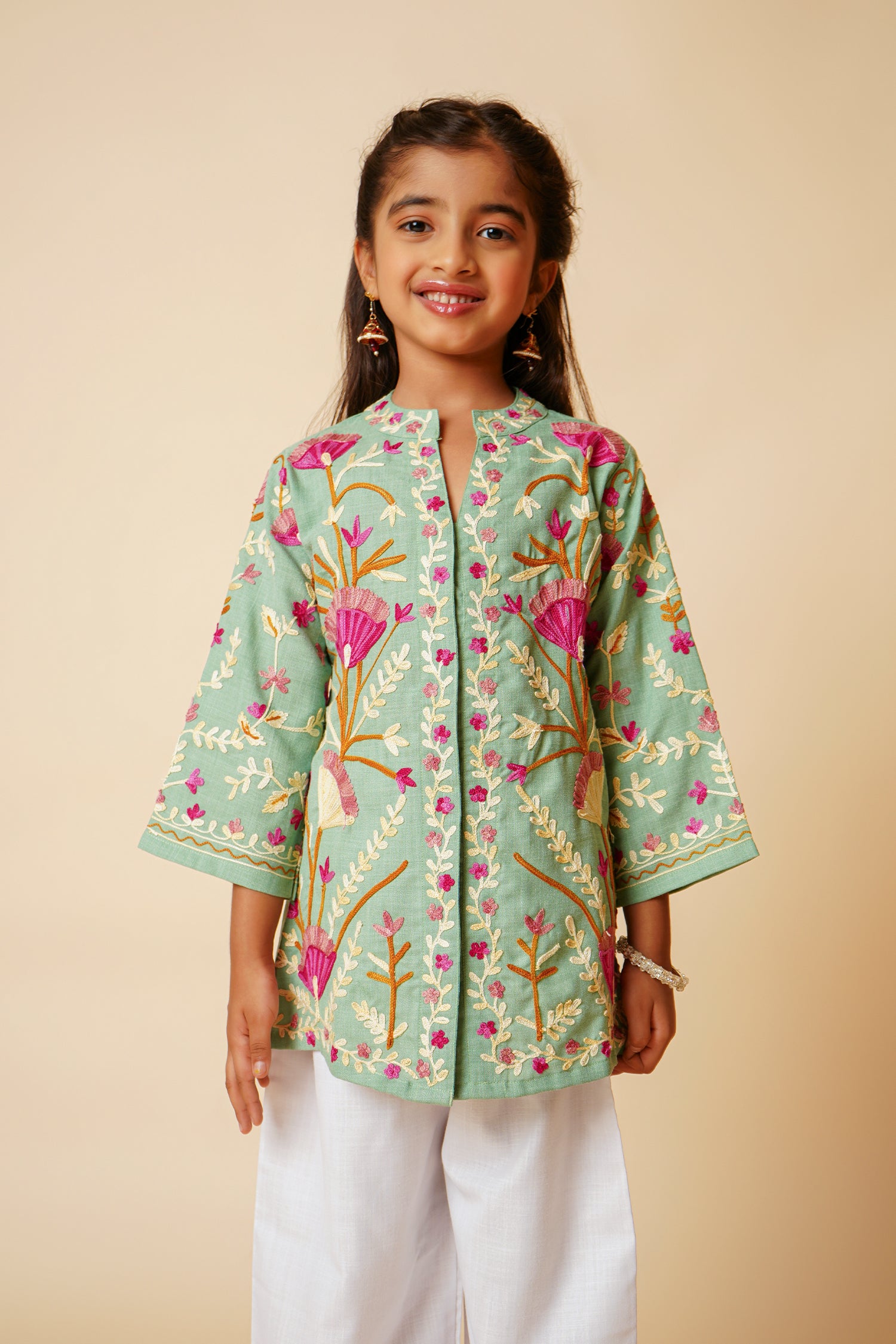 Kashmiri Aari Cotton Jacket for Kids - Pista Green