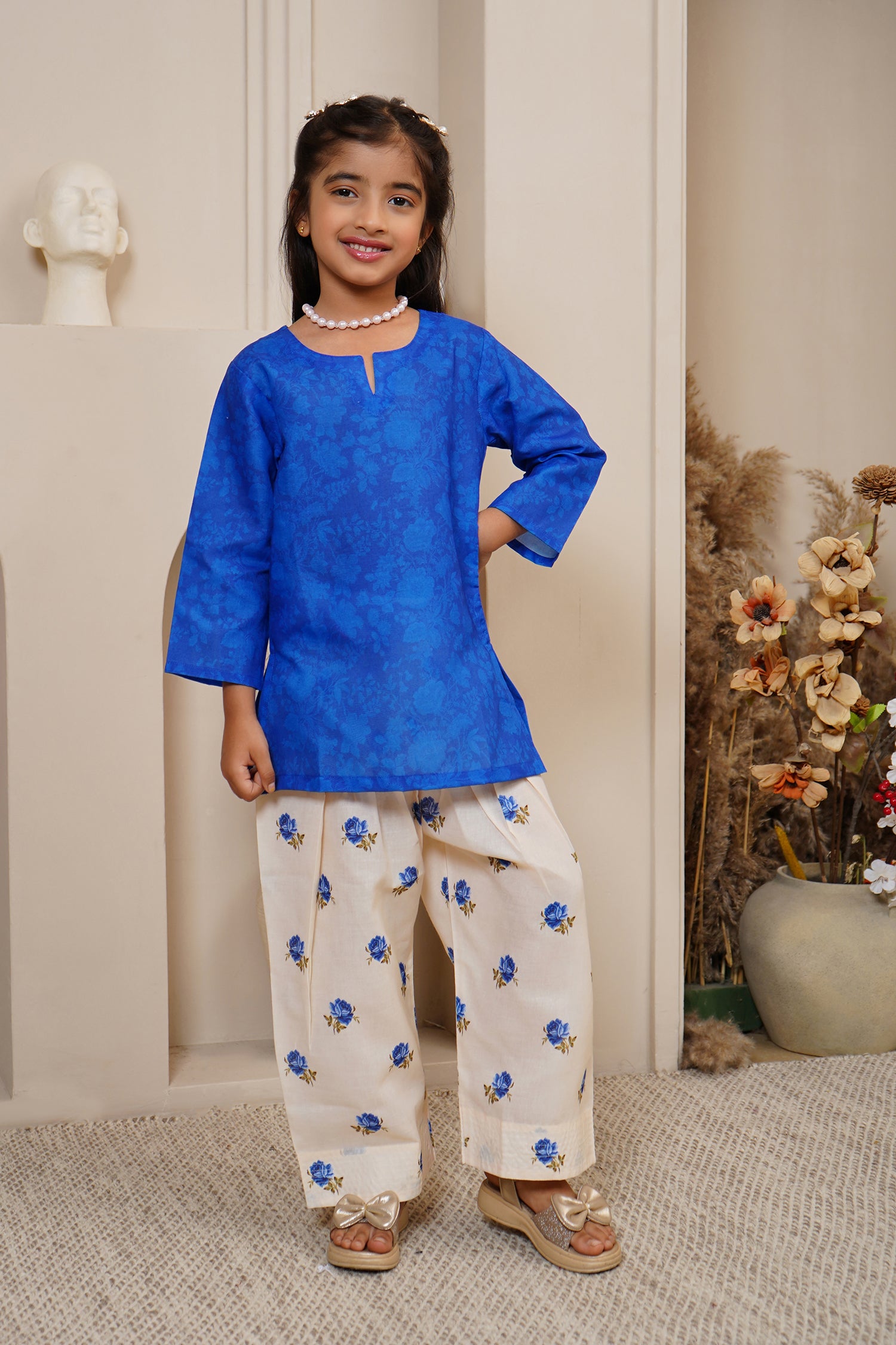 Printed Lawn Cotton Co-ord Set for Kids – Blue & Cream