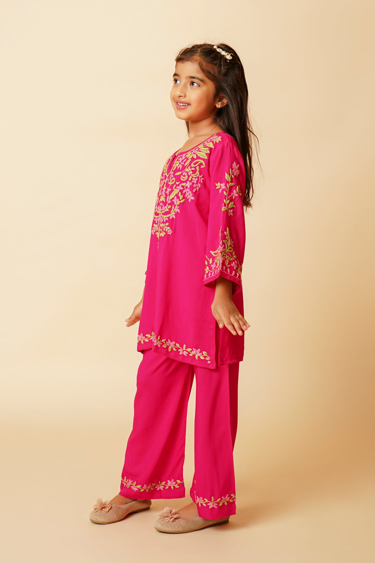 Chikankari Rayon Cotton Kurta Set for Kids – Fuchsia Pink