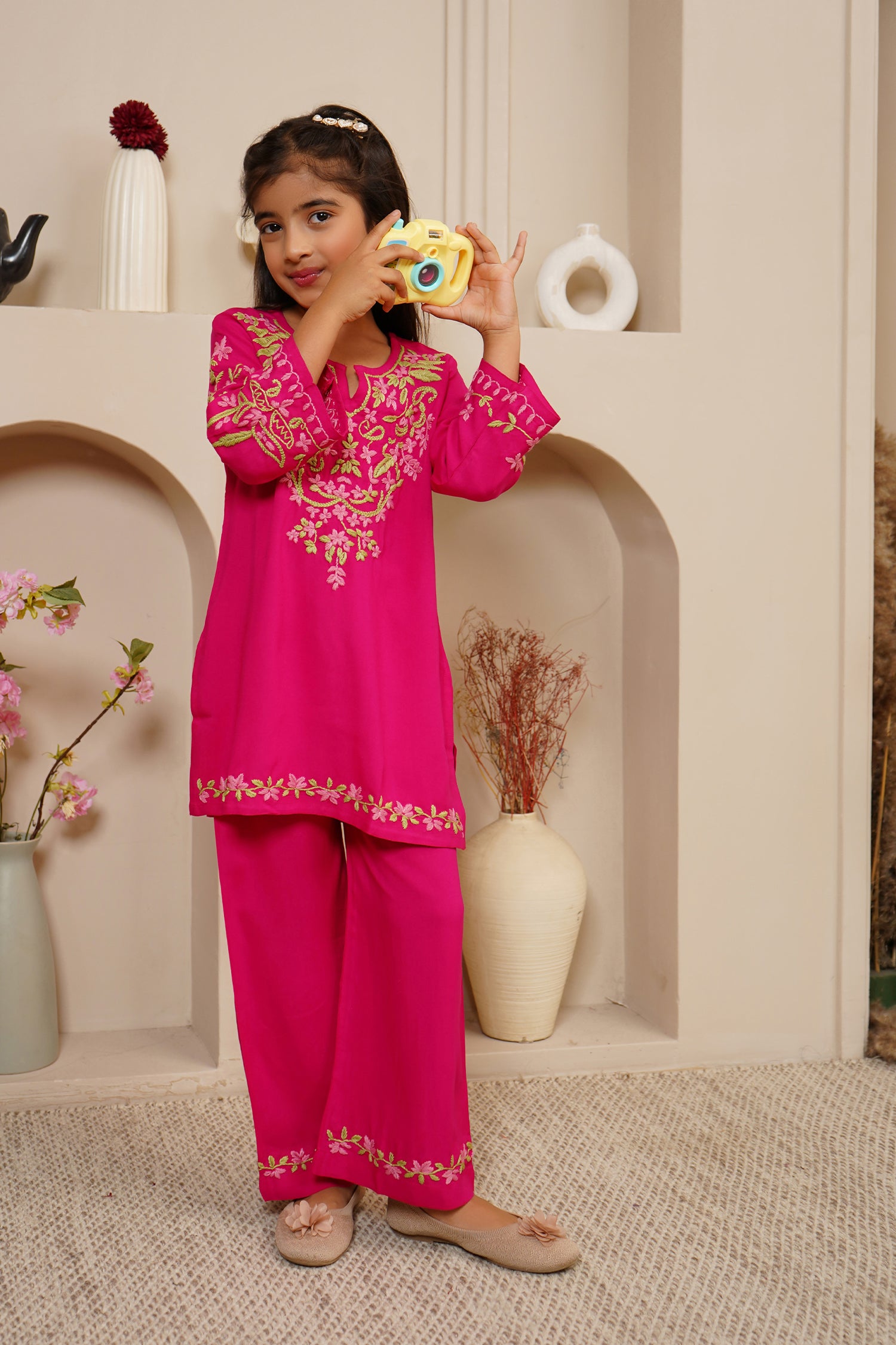 Chikankari Rayon Cotton Kurta Set for Kids – Fuchsia Pink