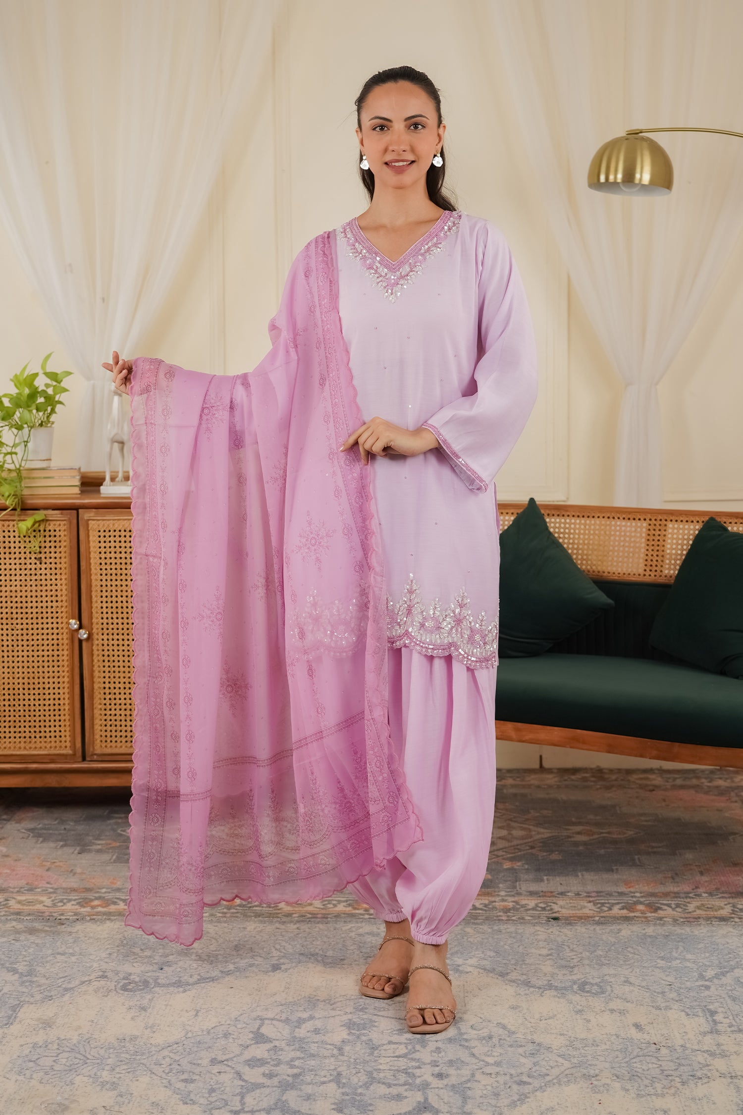Pure Sequin Mul Chanderi Silk Embroidered Kurta Set - Pastel Pink
