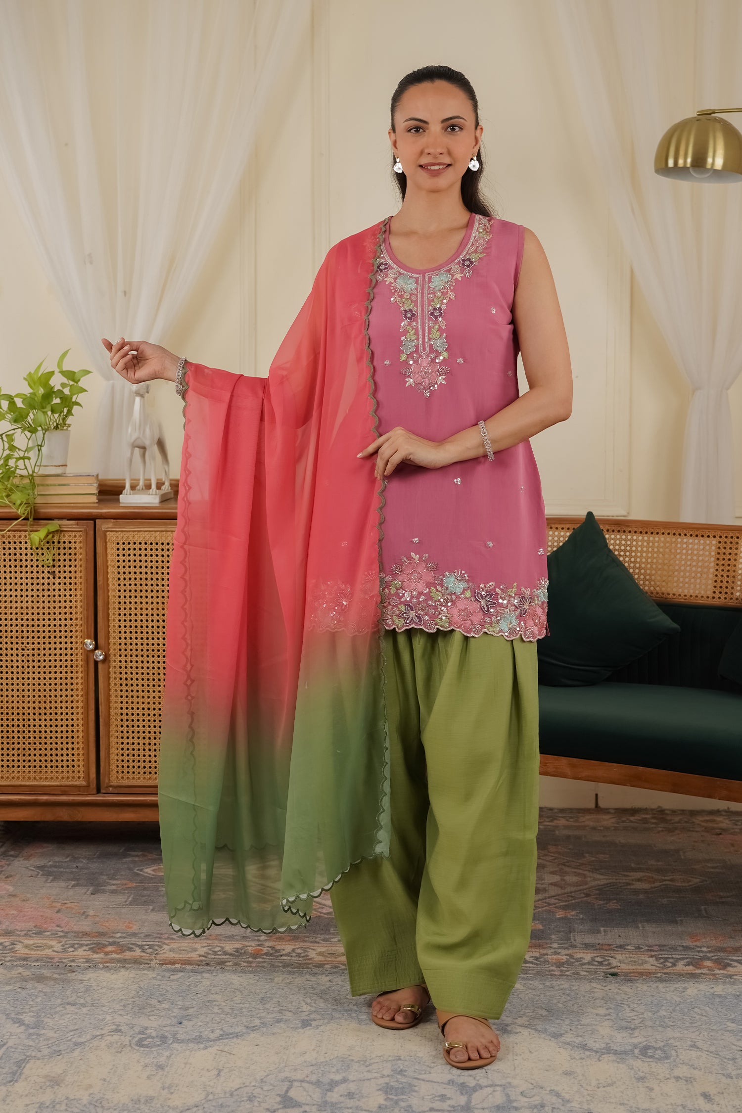 Mix Sequin Mul Chanderi Silk Embroidered Kurta Set - Blush Pink & Olive