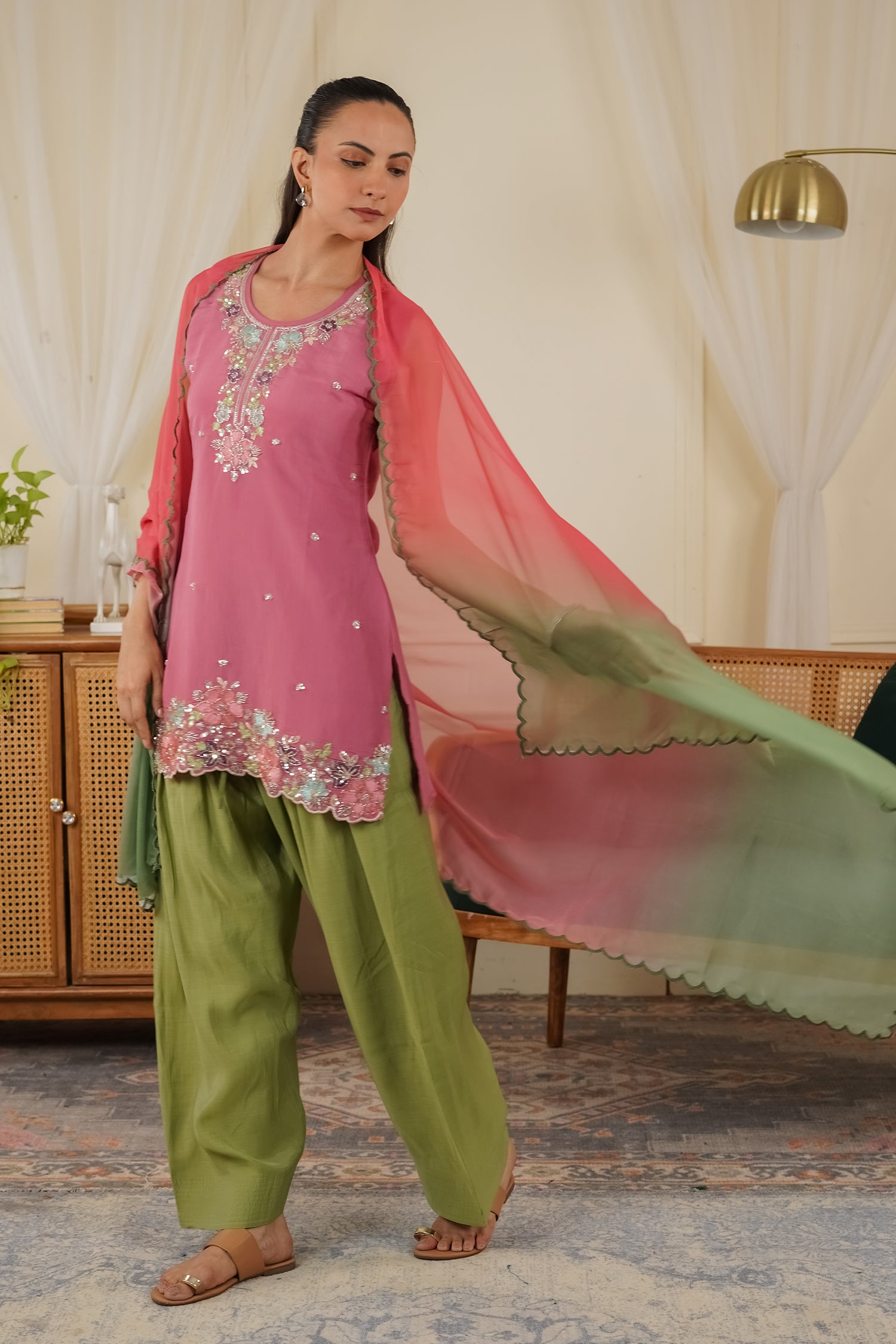 Mix Sequin Mul Chanderi Silk Embroidered Kurta Set - Blush Pink & Olive