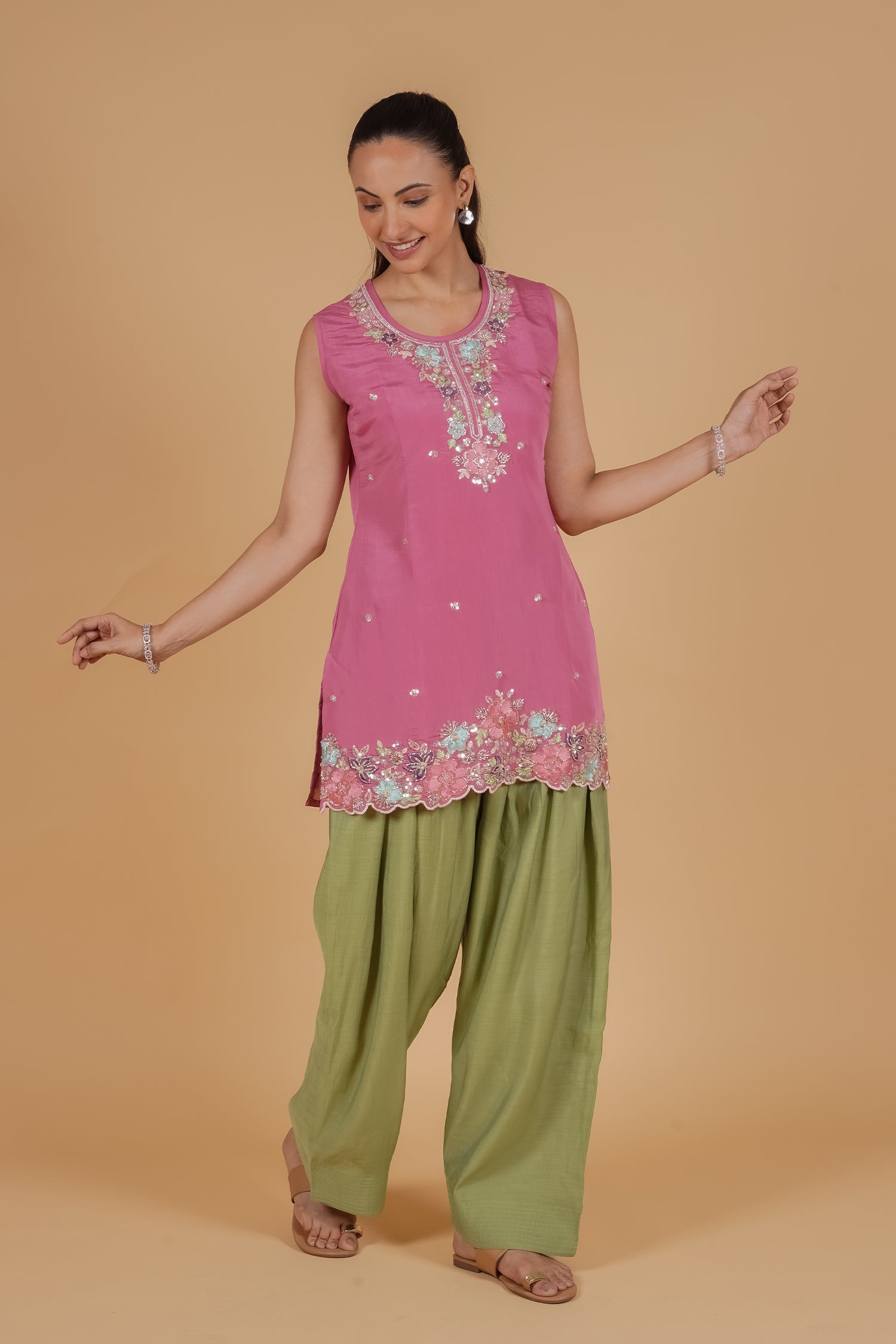 Mix Sequin Mul Chanderi Silk Embroidered Kurta Set - Blush Pink & Olive