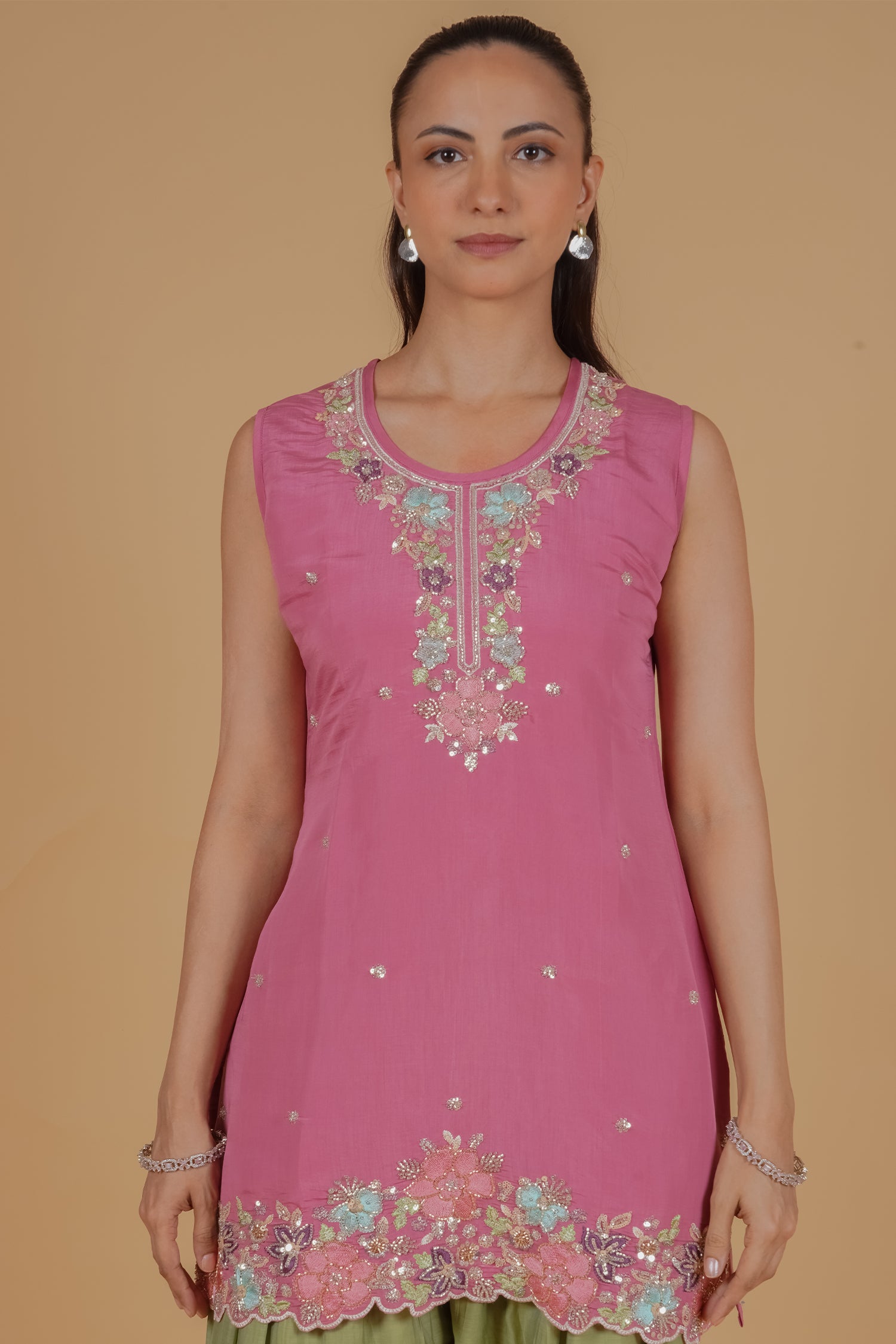 Mix Sequin Mul Chanderi Silk Embroidered Kurta Set - Blush Pink & Olive