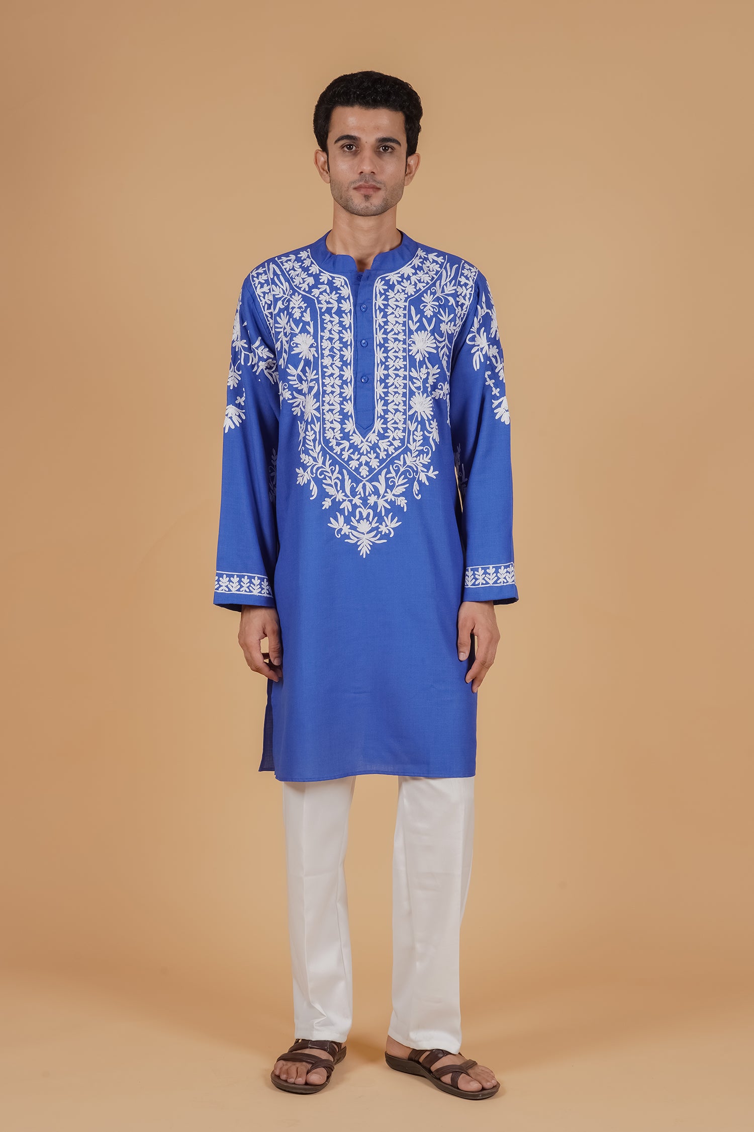 Men’s Kashmiri Aari Embroidered Kurta Ruby Cotton - Blue
