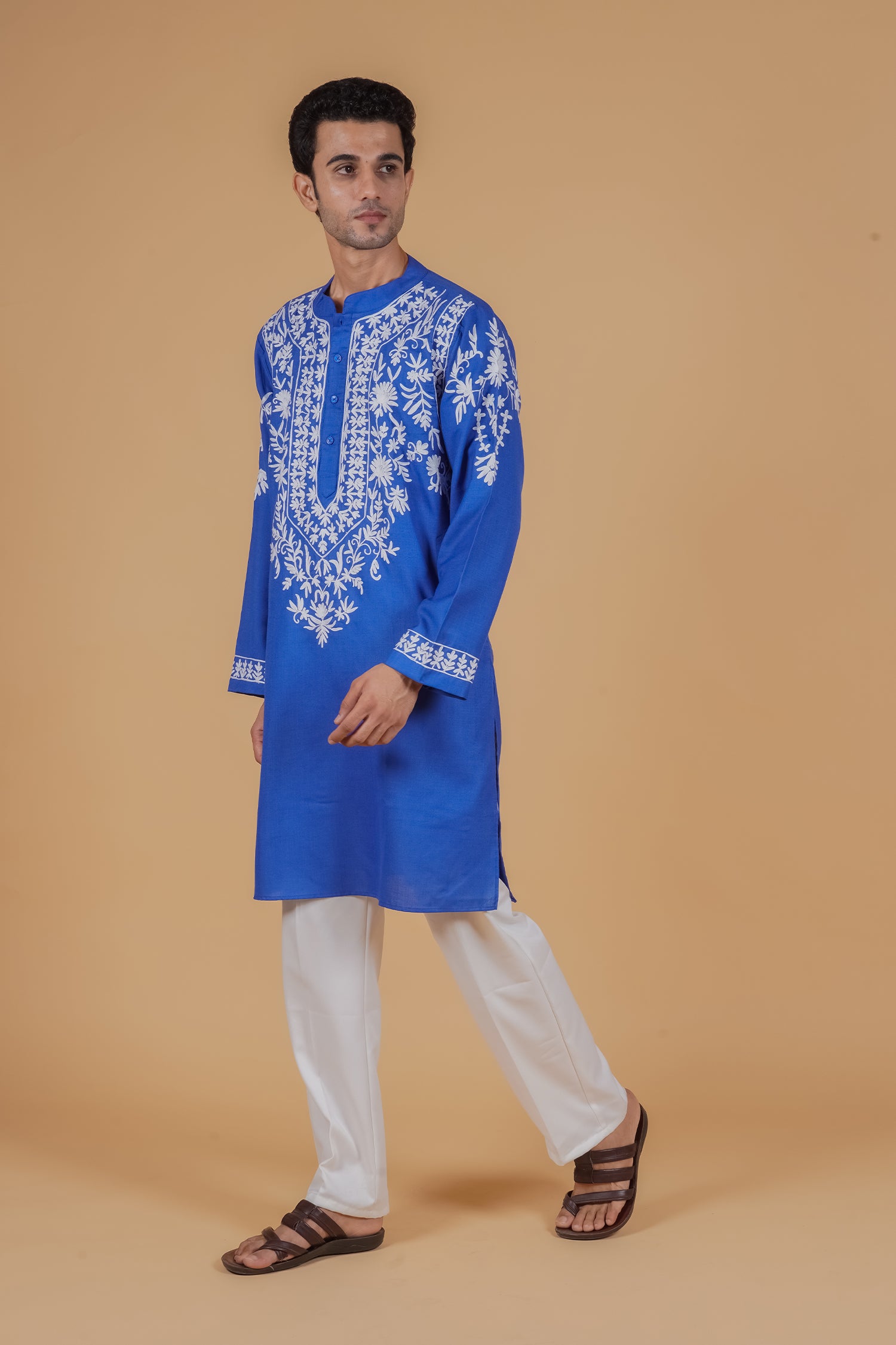 Men’s Kashmiri Aari Embroidered Kurta Ruby Cotton - Blue