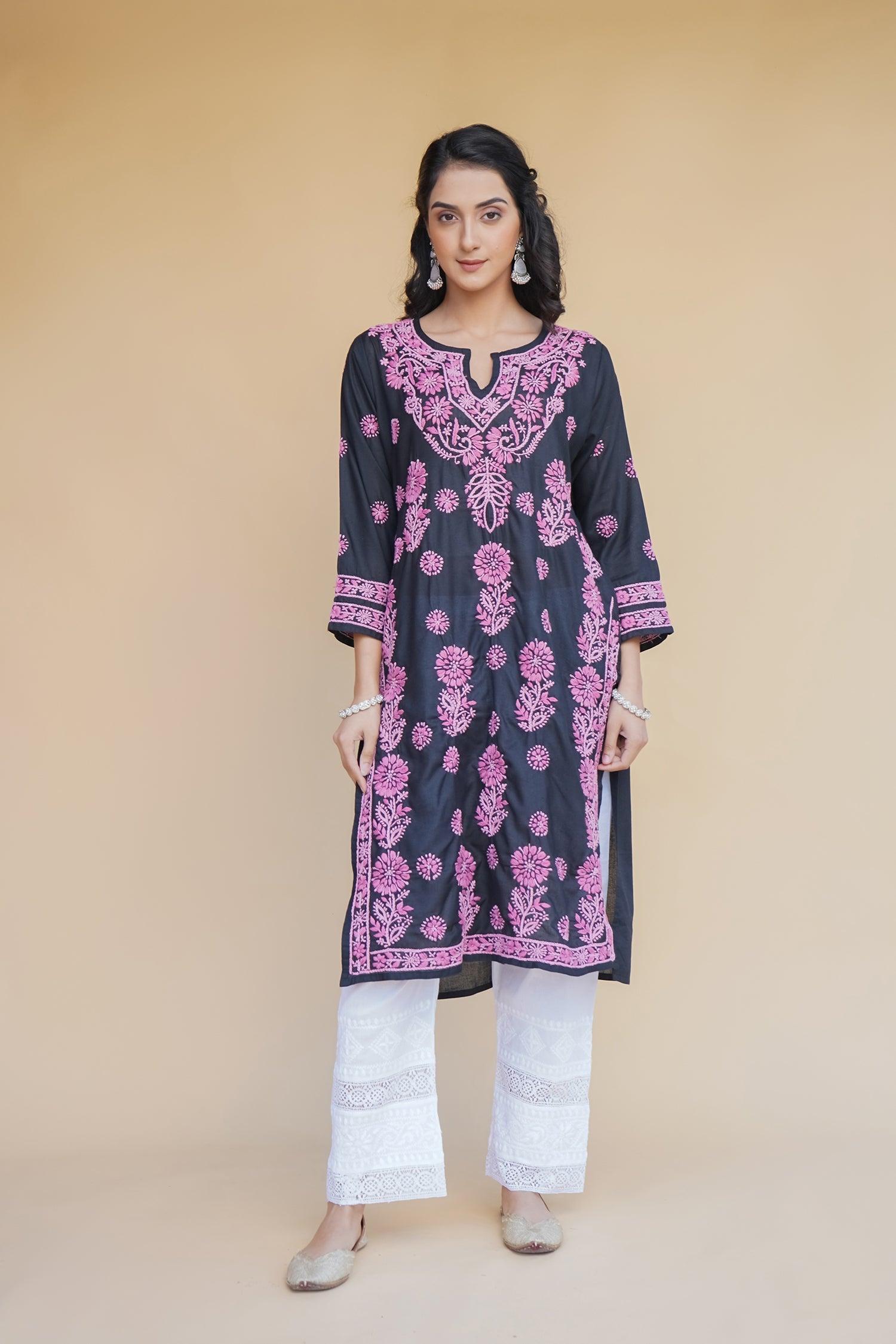 Rayon Chikankari Long Kurta in Black