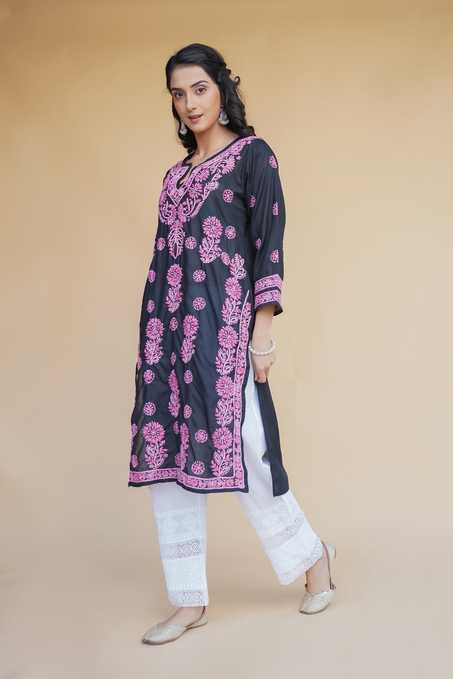 Rayon Chikankari Long Kurta in Black