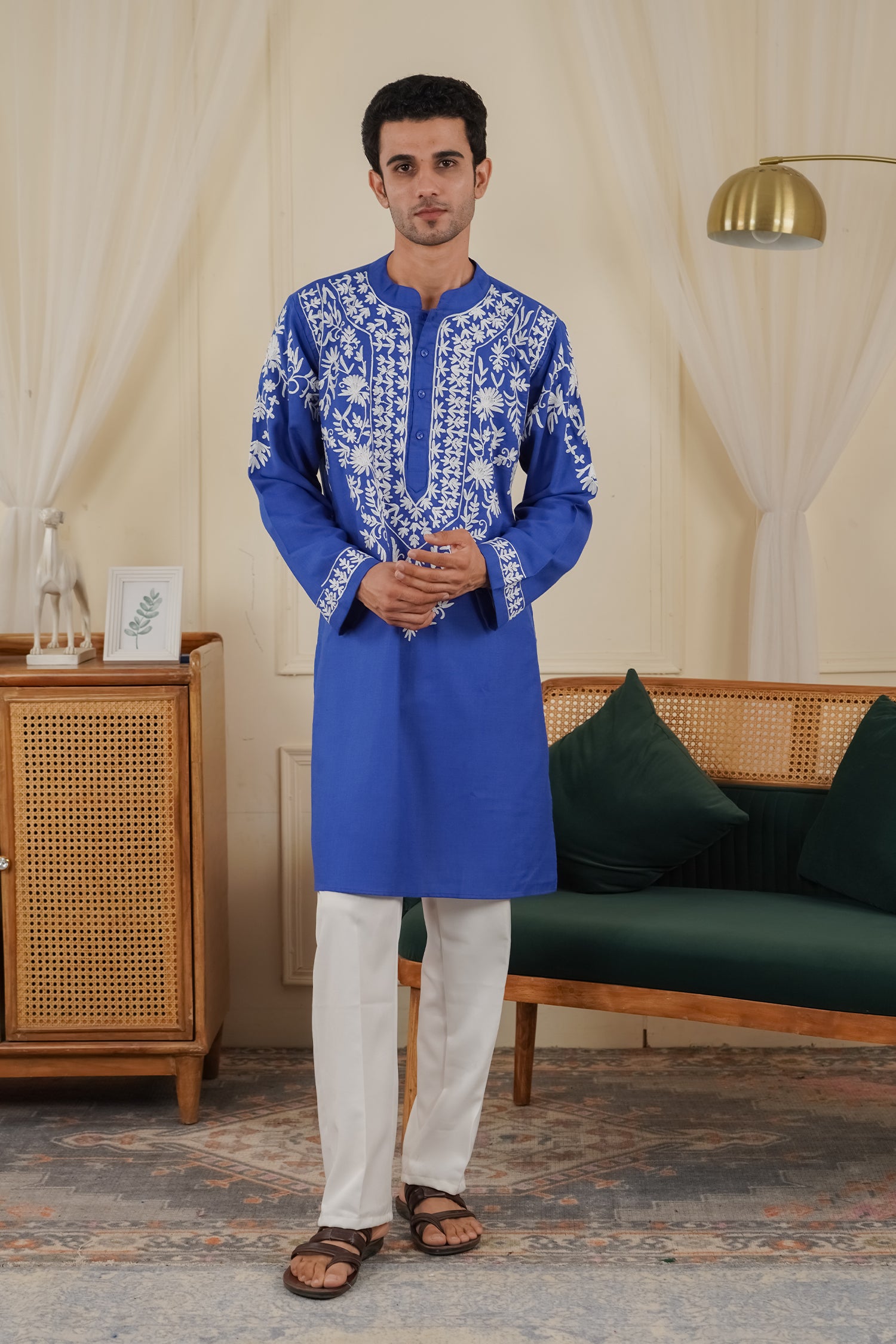 Men’s Kashmiri Aari Embroidered Kurta Ruby Cotton - Blue