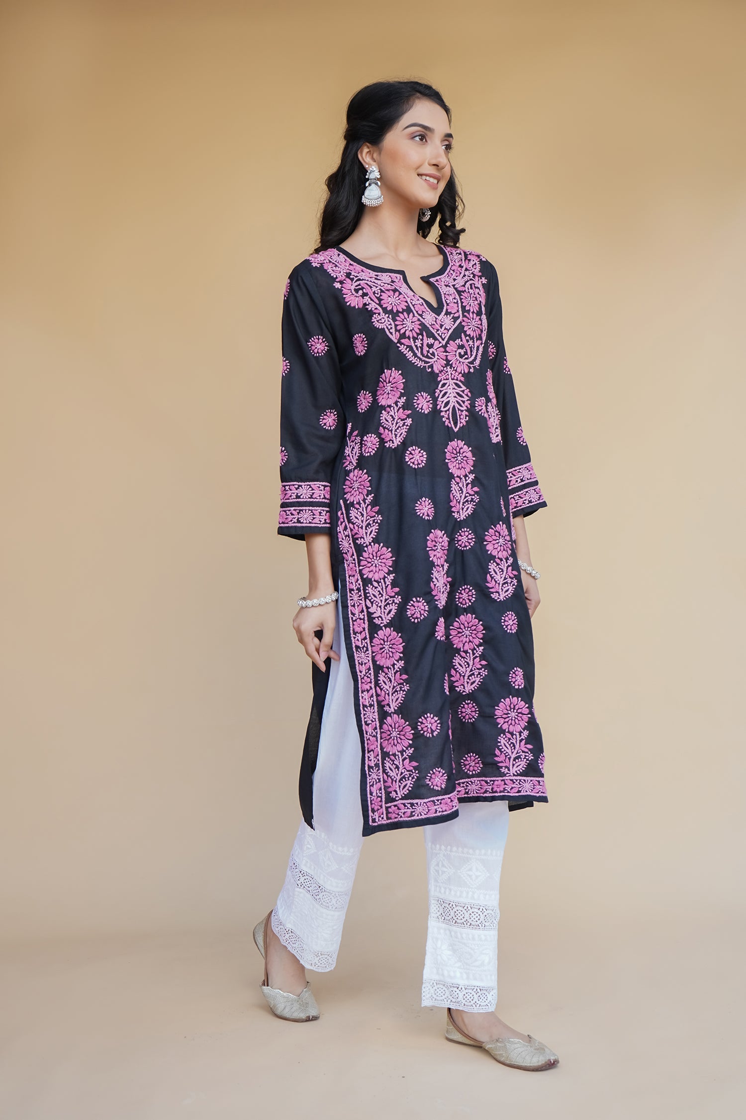 Rayon Chikankari Long Kurta in Black