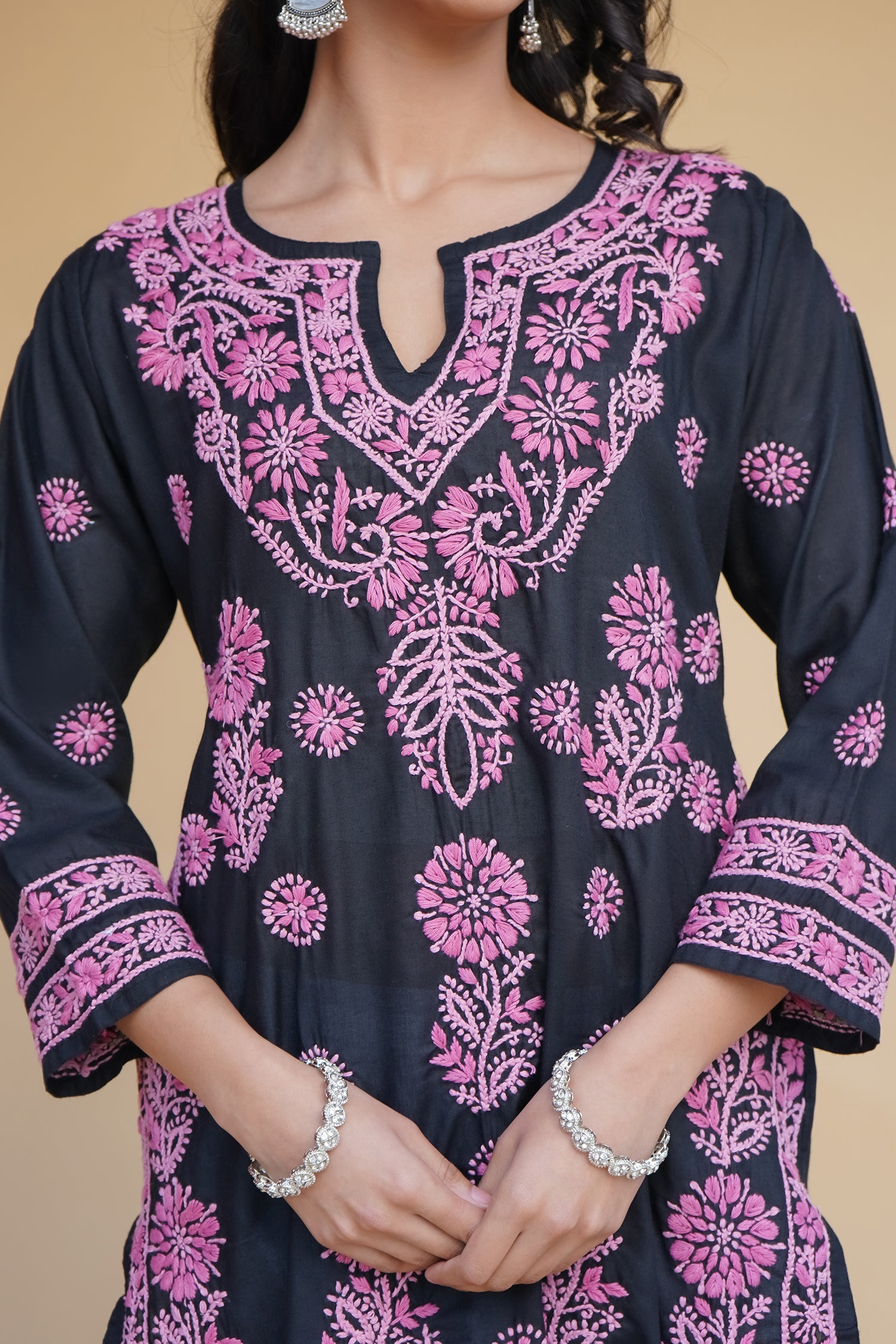 Rayon Chikankari Long Kurta in Black