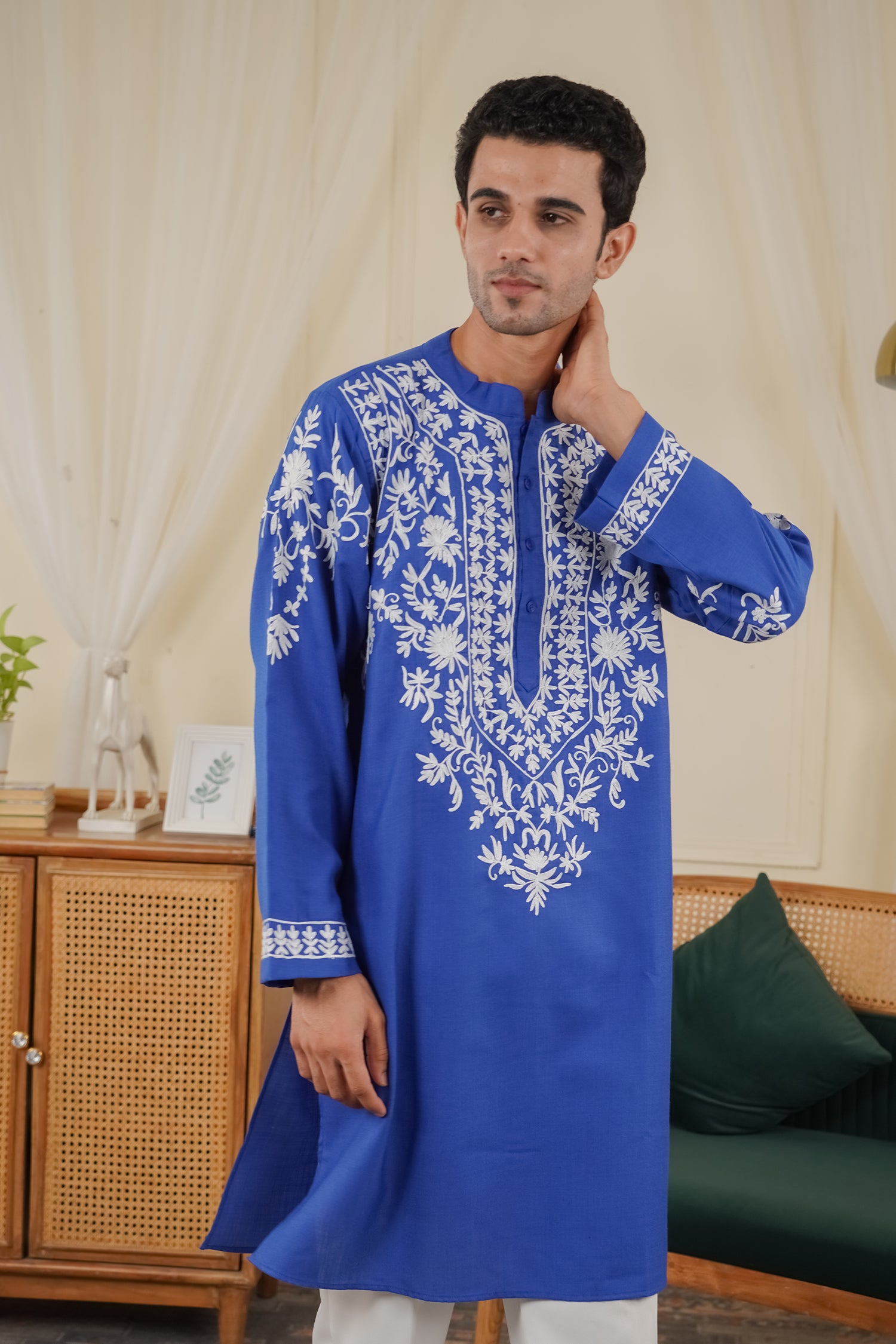 Men’s Kashmiri Aari Embroidered Kurta Ruby Cotton - Blue