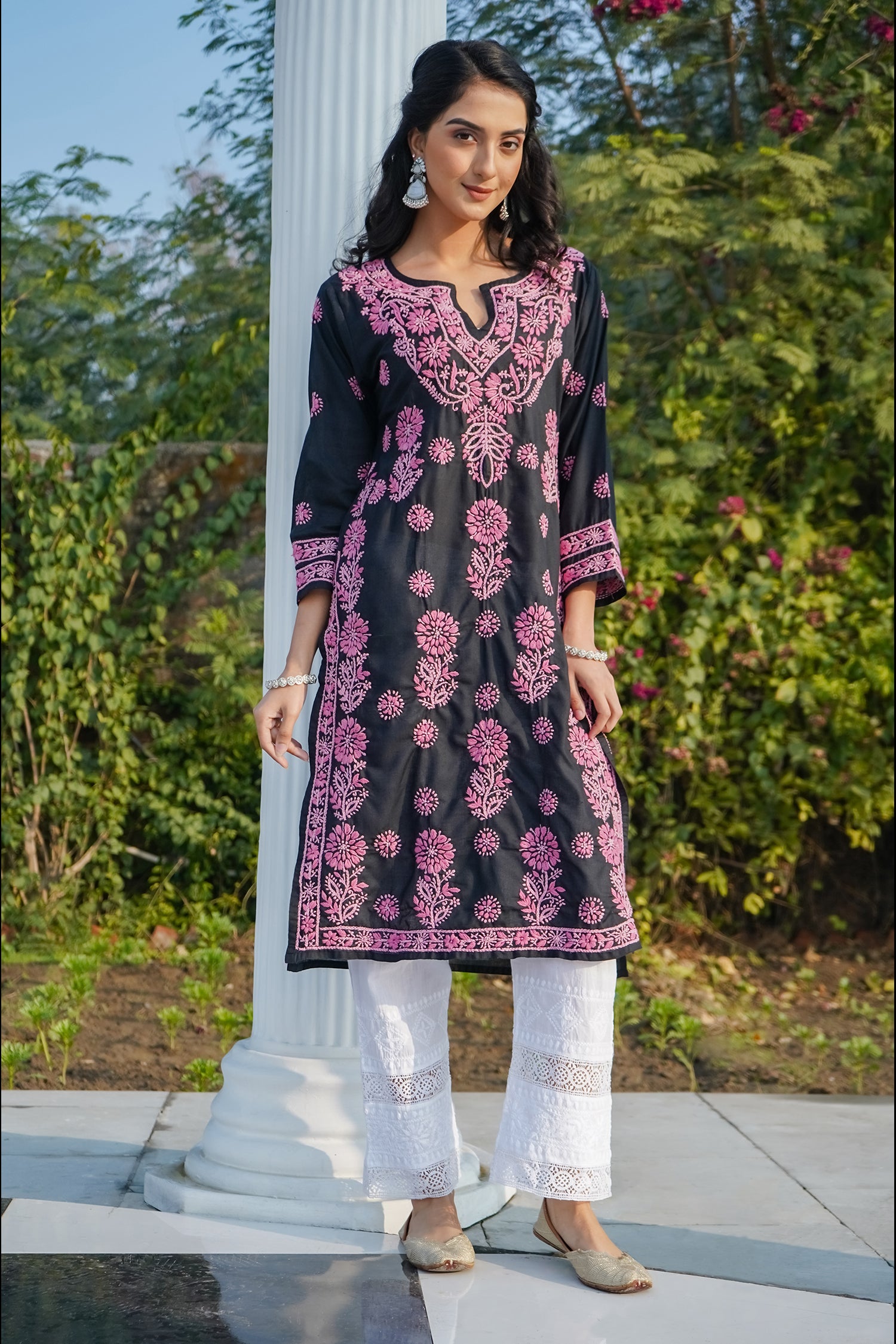 Rayon Chikankari Long Kurta in Black