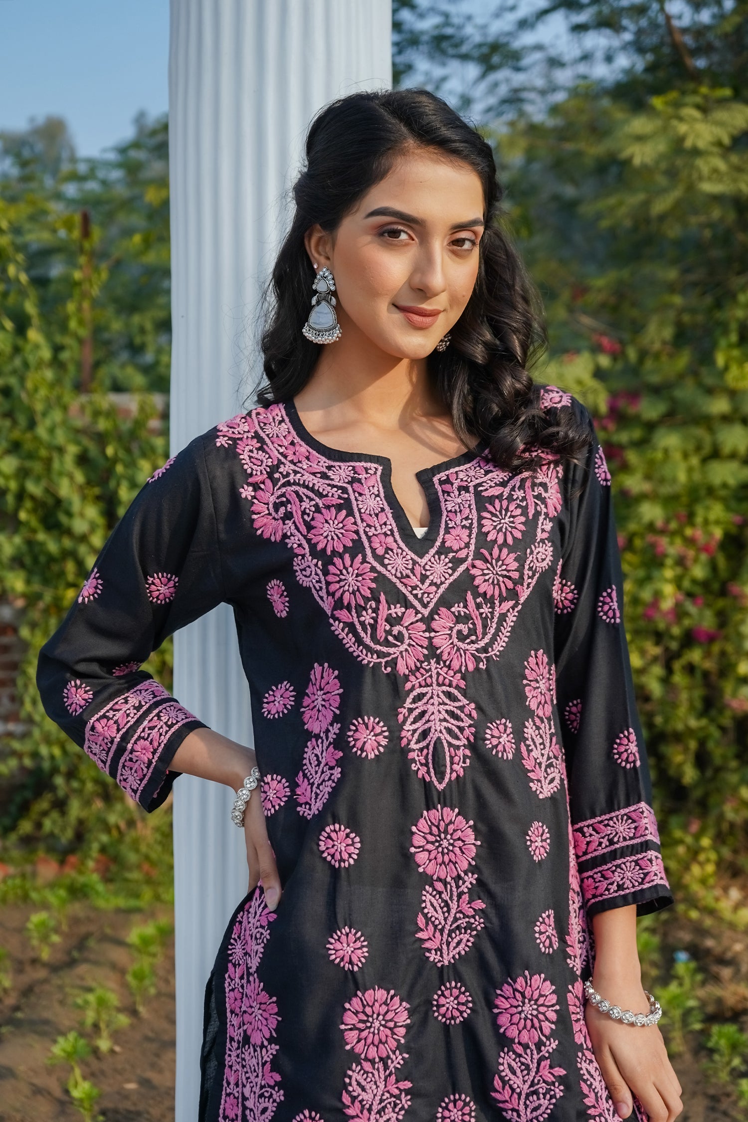 Rayon Chikankari Long Kurta in Black