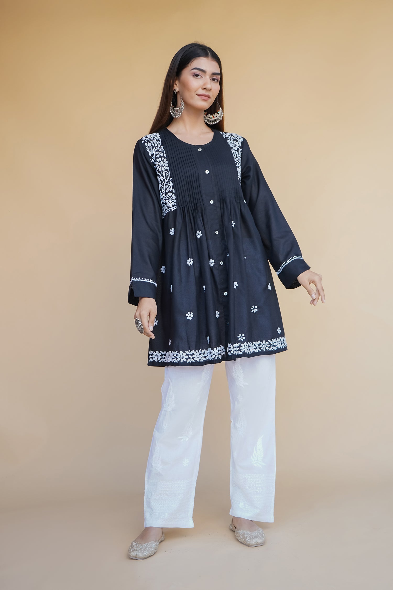 Cotton Chikankari Short Kurta in Black