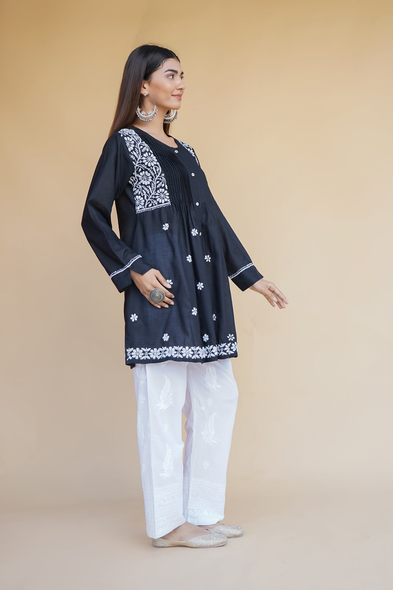 Cotton Chikankari Short Kurta in Black