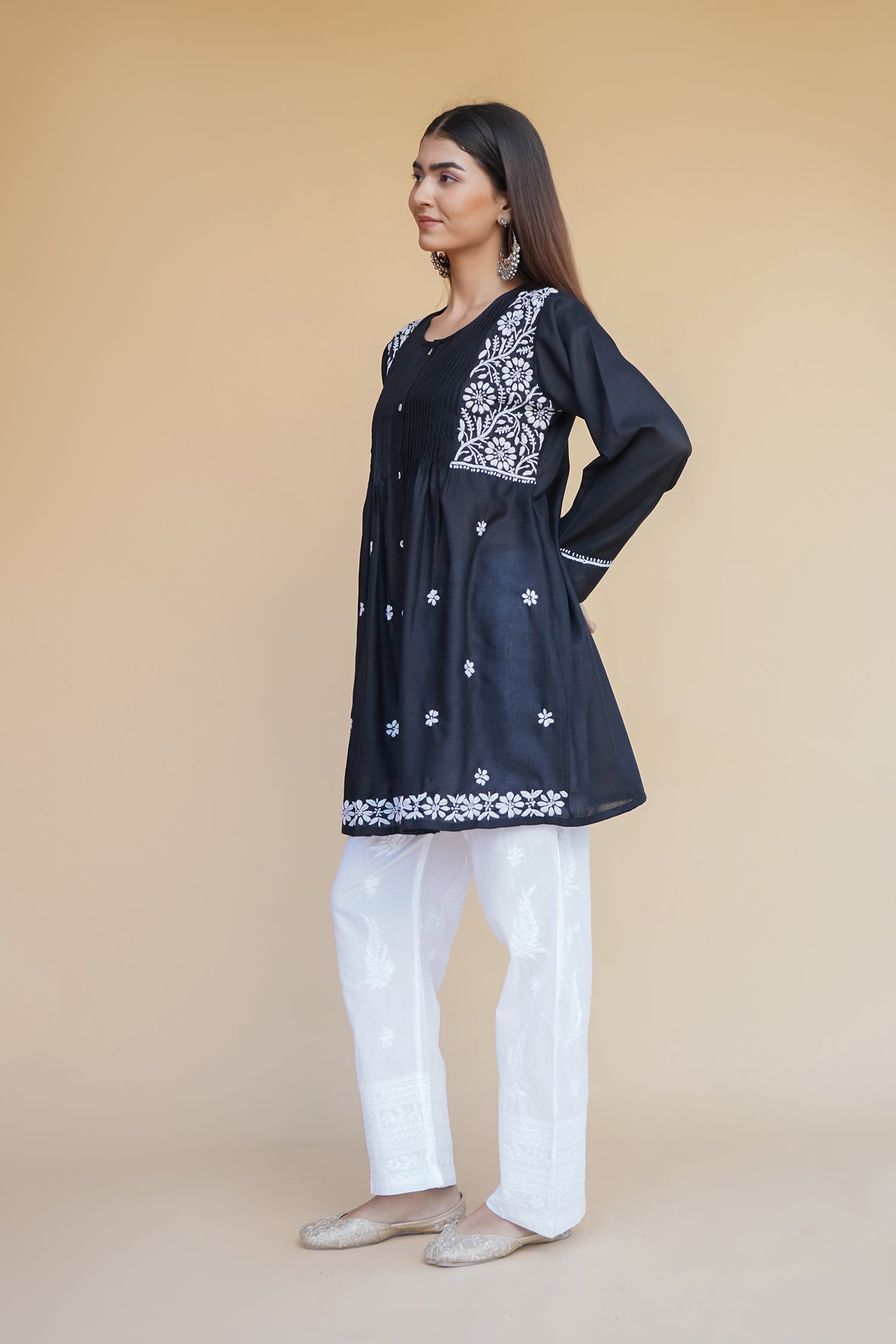 Cotton Chikankari Short Kurta in Black