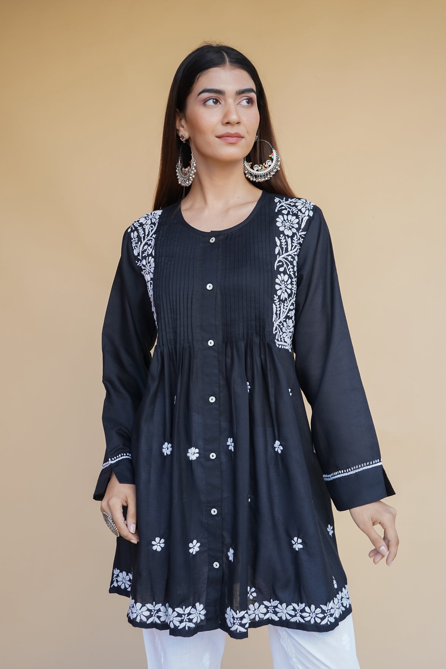 Cotton Chikankari Short Kurta in Black