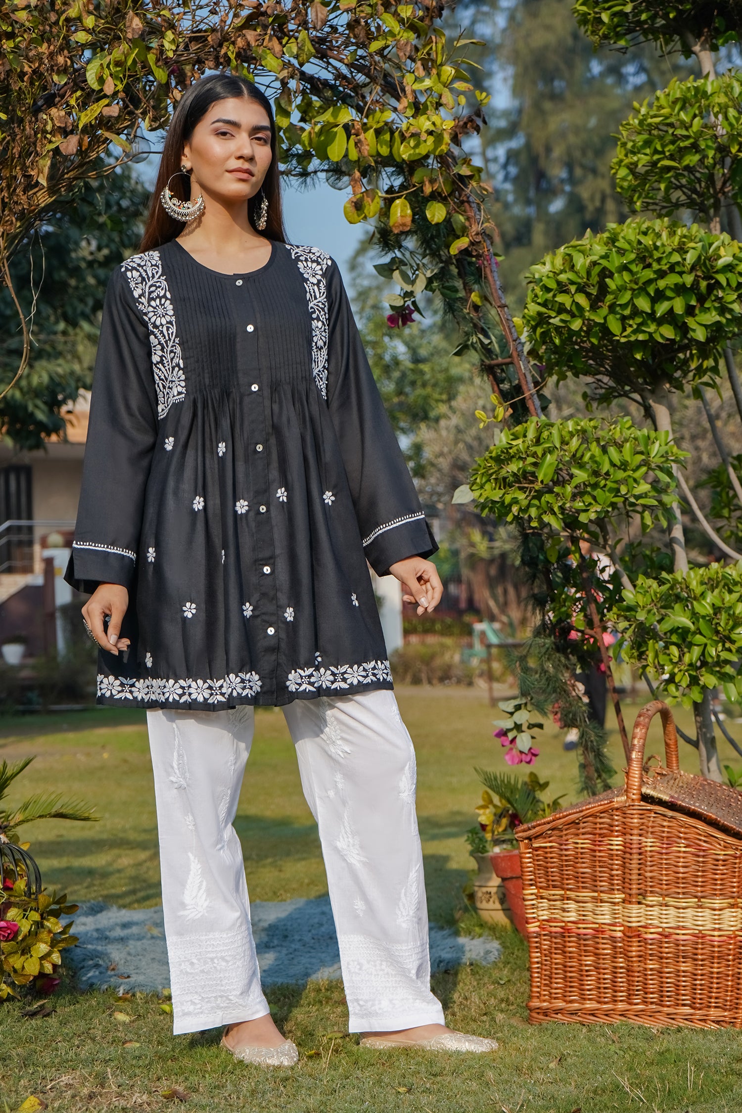 Cotton Chikankari Short Kurta in Black