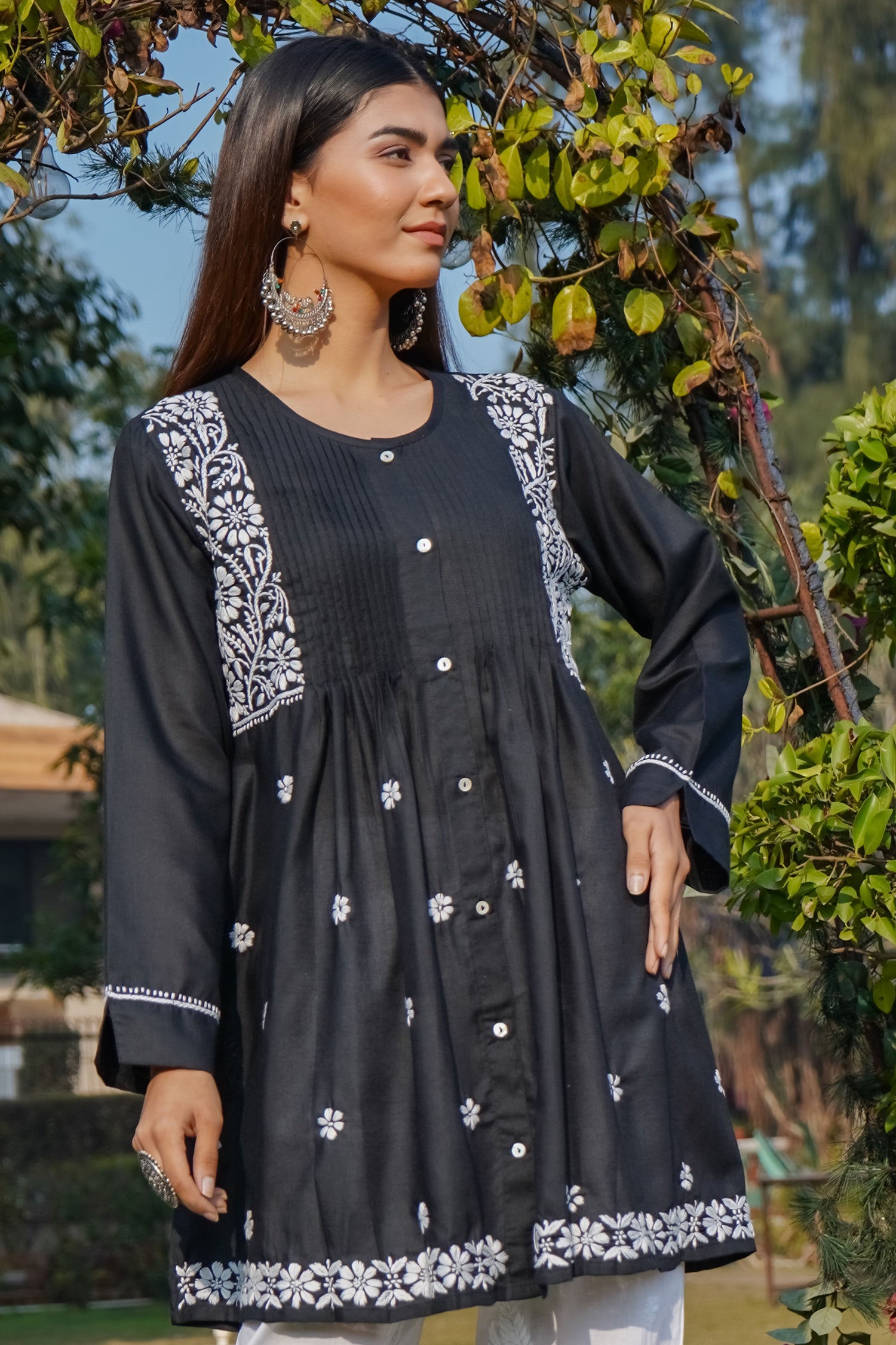 Cotton Chikankari Short Kurta in Black