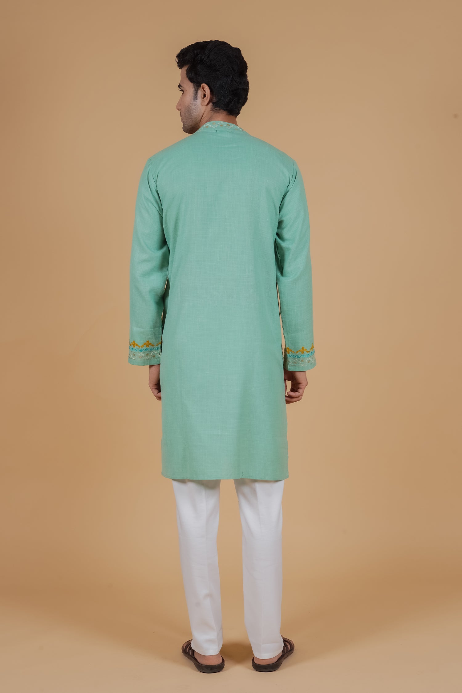 Men’s Kashmiri Aari Embroidered Kurta Ruby Cotton - Mint Green