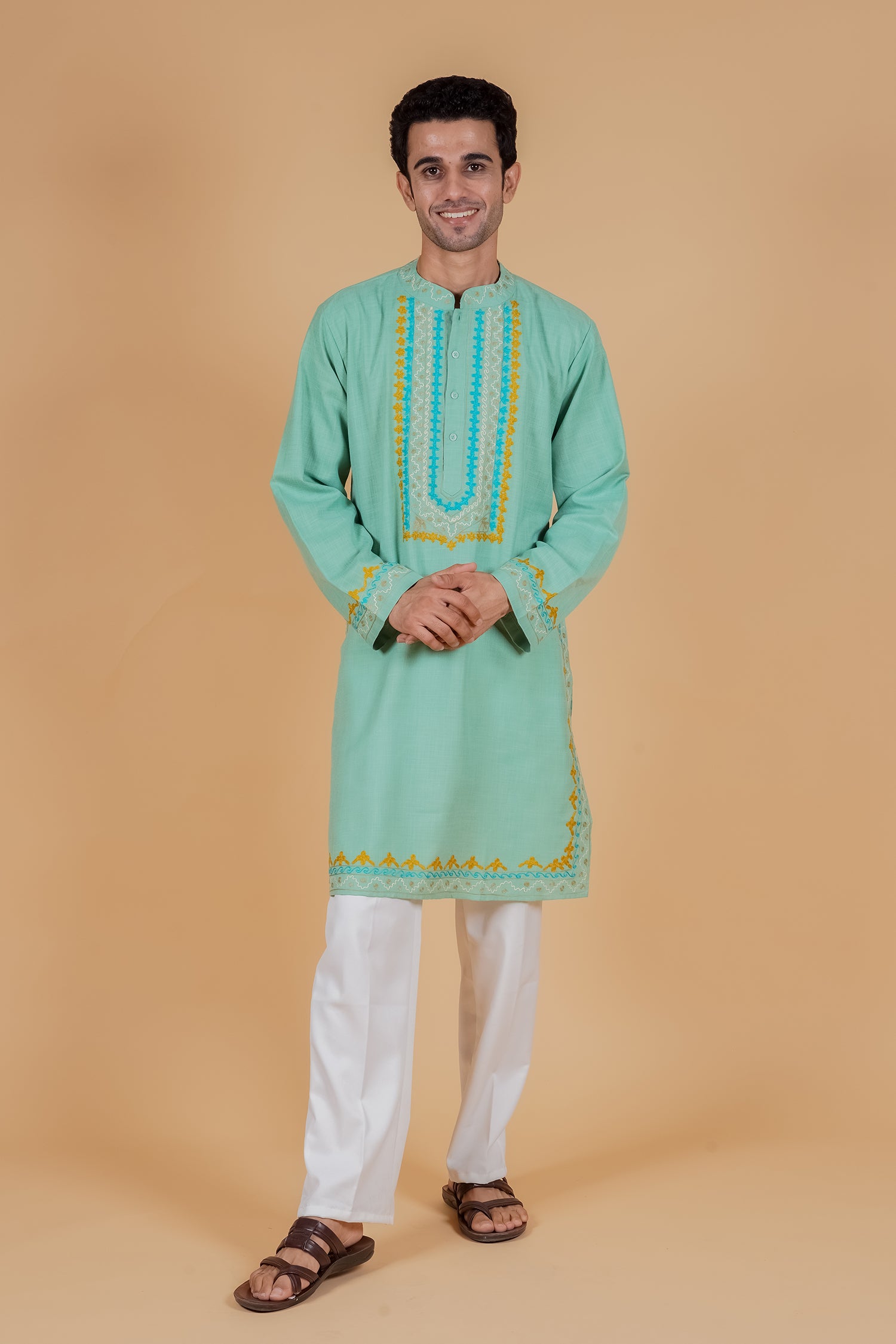 Men’s Kashmiri Aari Embroidered Kurta Ruby Cotton - Mint Green