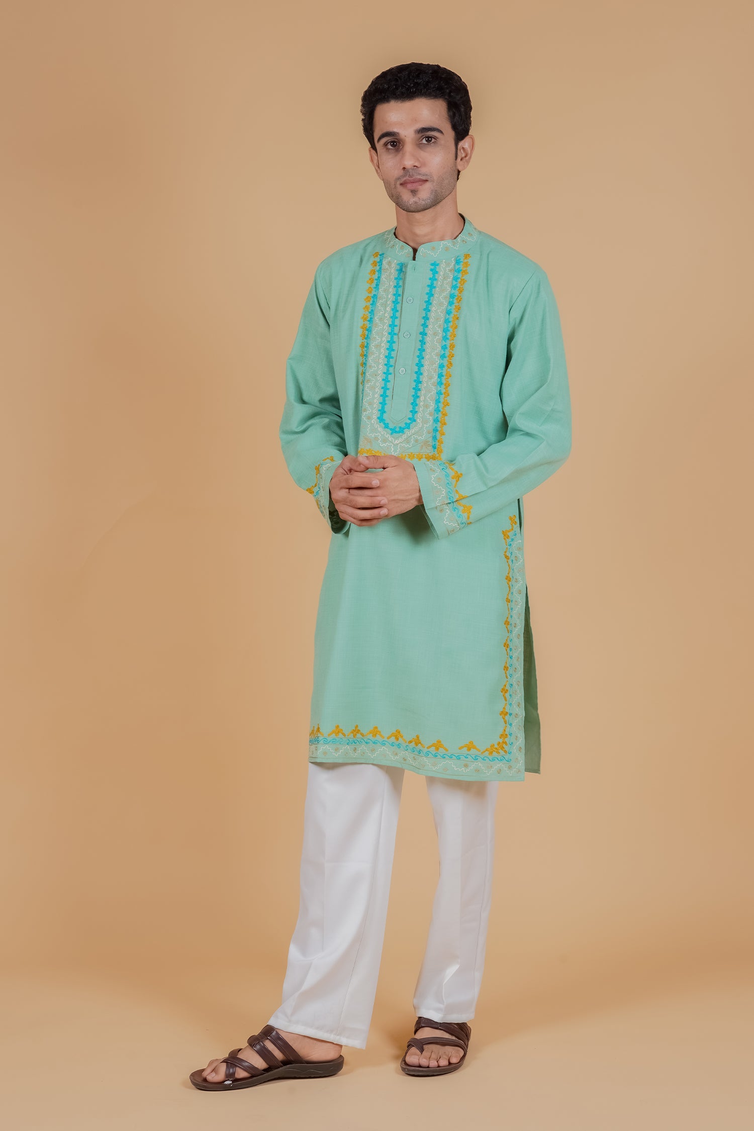 Men’s Kashmiri Aari Embroidered Kurta Ruby Cotton - Mint Green