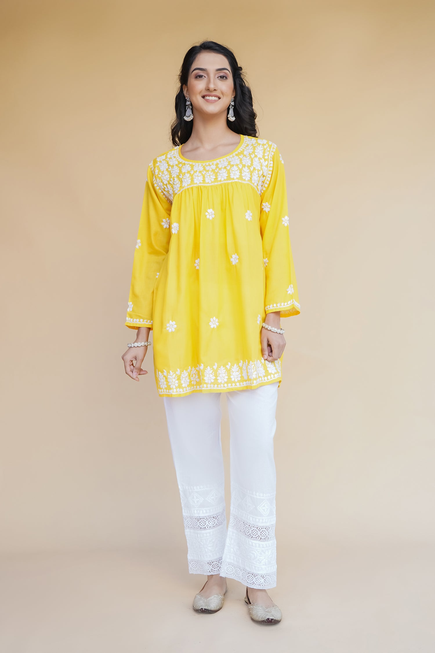 Cotton Chikankari Short Kurta in Yellow