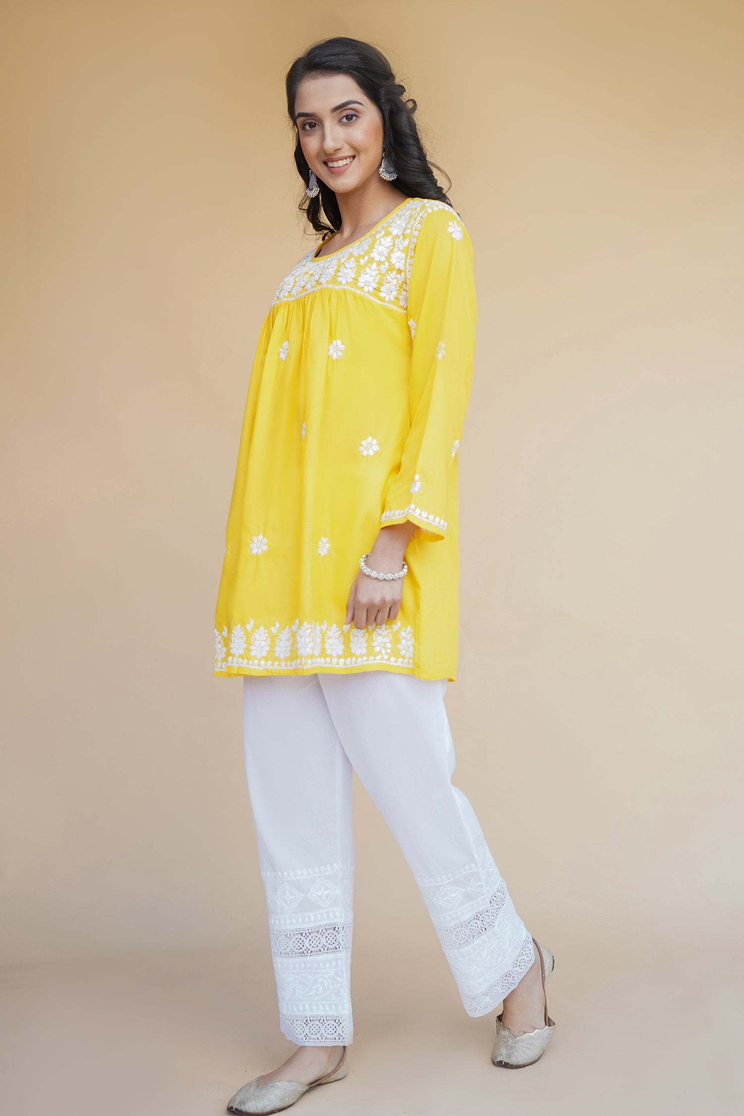 Cotton Chikankari Short Kurta in Yellow