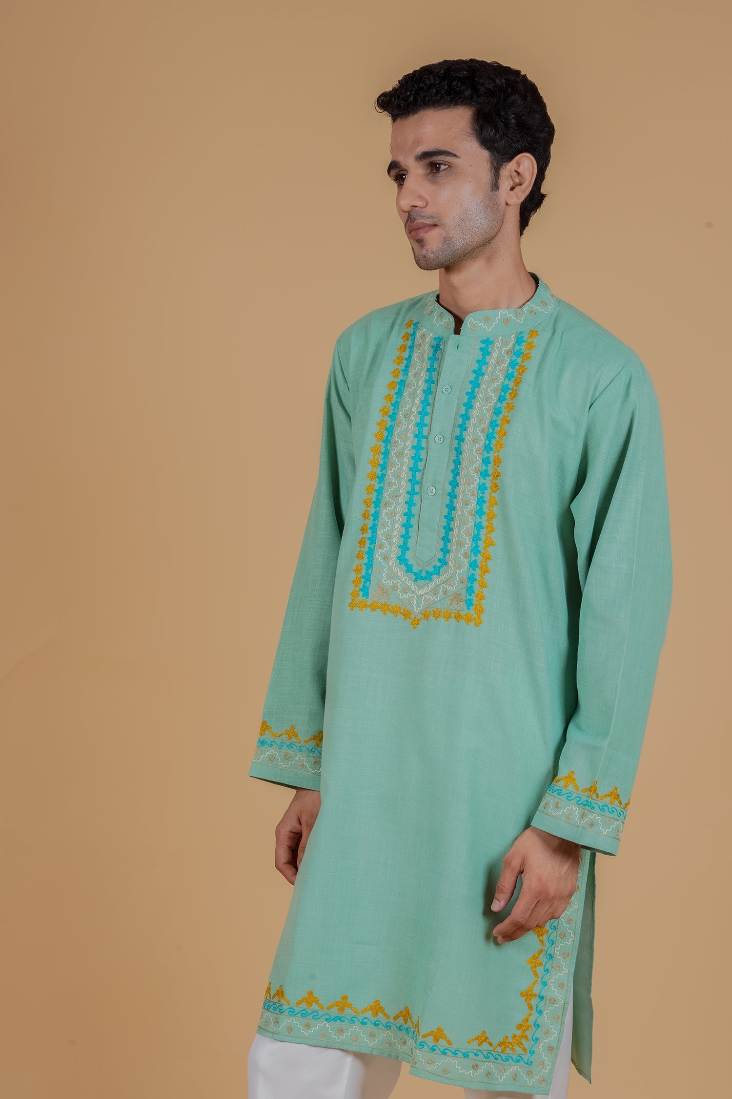Men’s Kashmiri Aari Embroidered Kurta Ruby Cotton - Mint Green