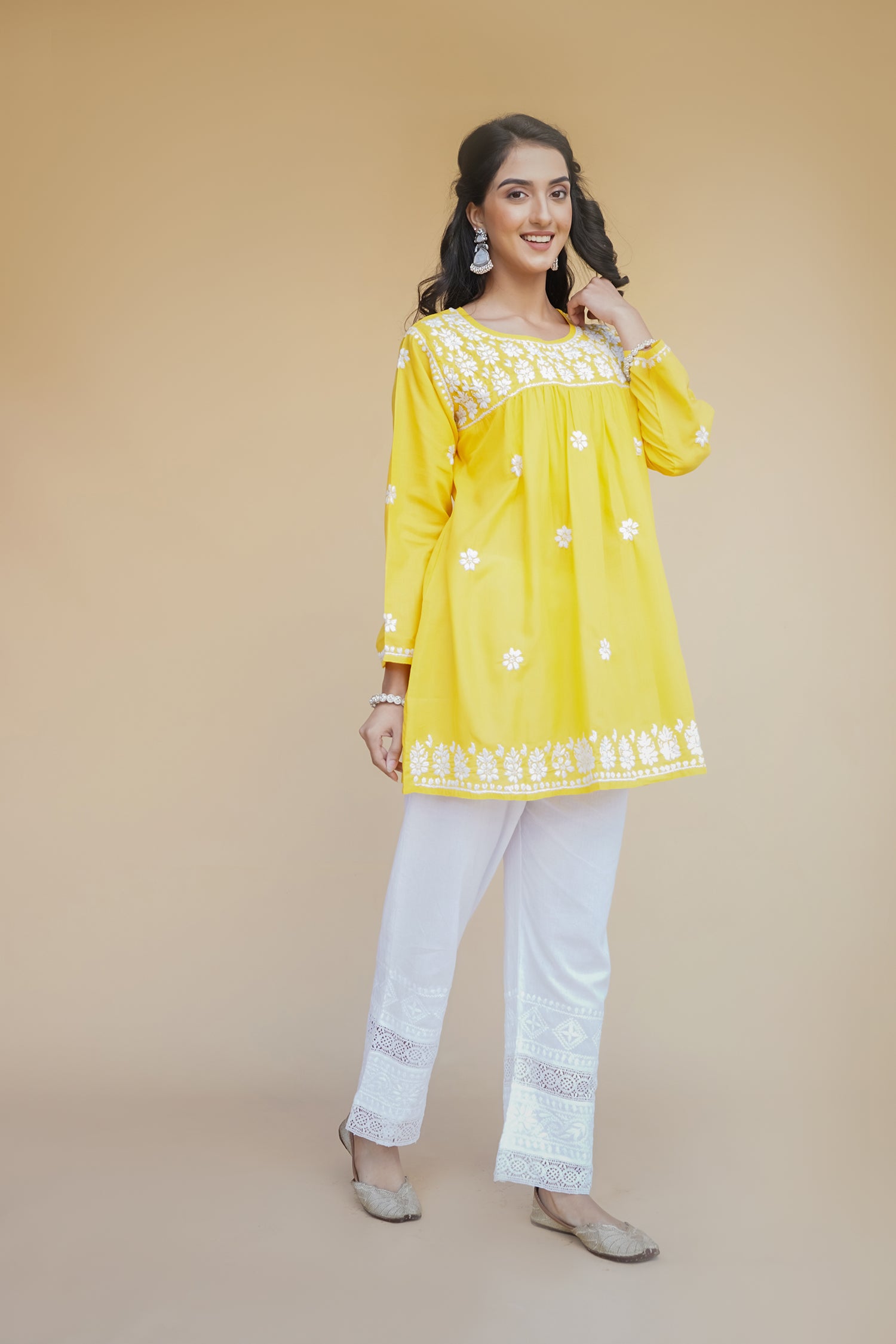 Cotton Chikankari Short Kurta in Yellow