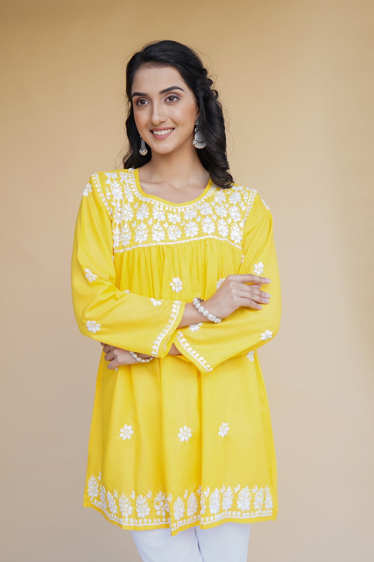 Cotton Chikankari Short Kurta in Yellow