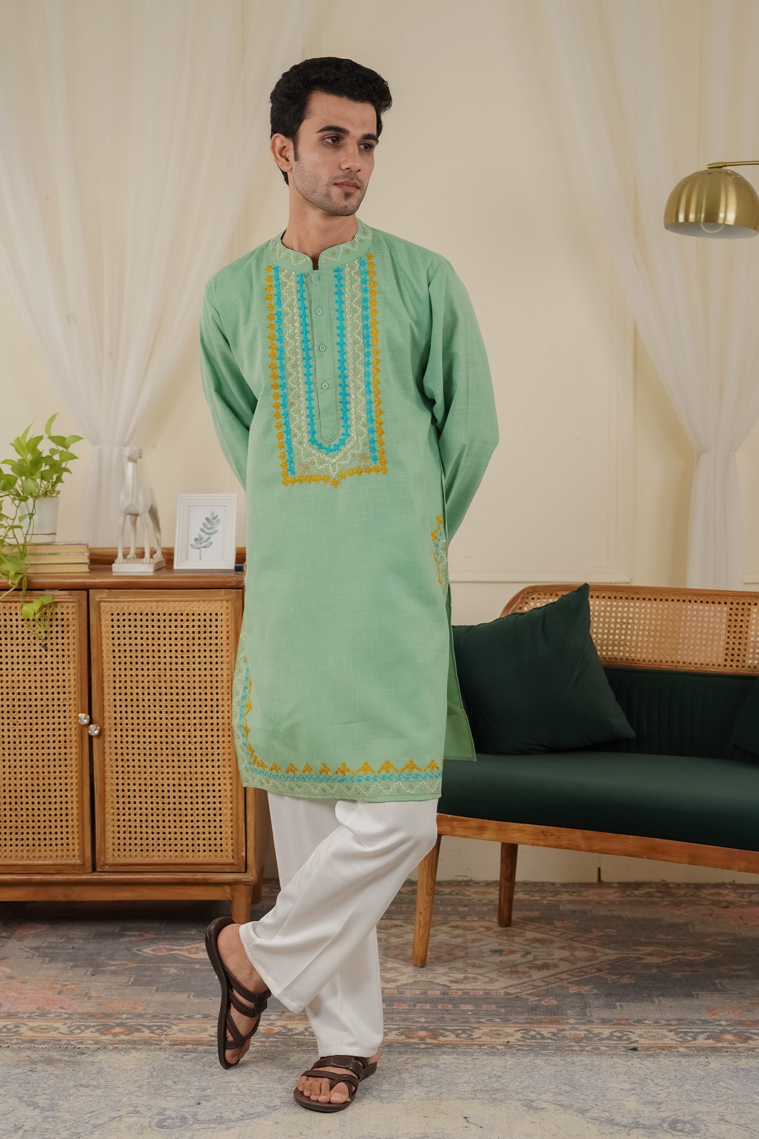 Men’s Kashmiri Aari Embroidered Kurta Ruby Cotton - Mint Green